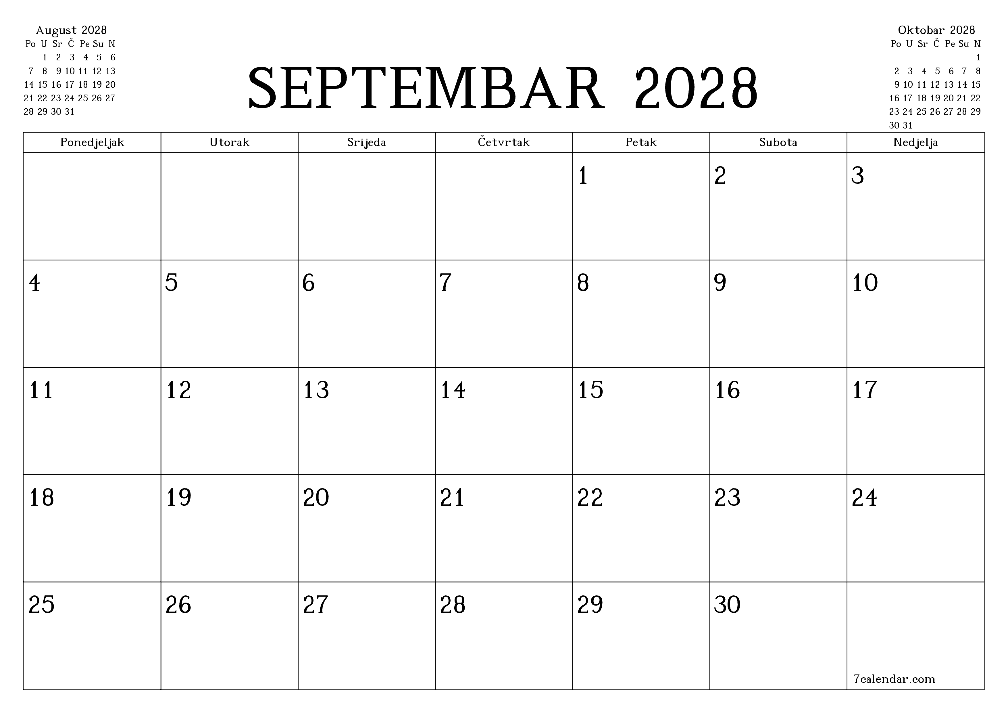 Ispraznite mjesečni planer za mjesec Septembar 2028 s bilješkama, spremite i ispišite u PDF PNG Bosnian