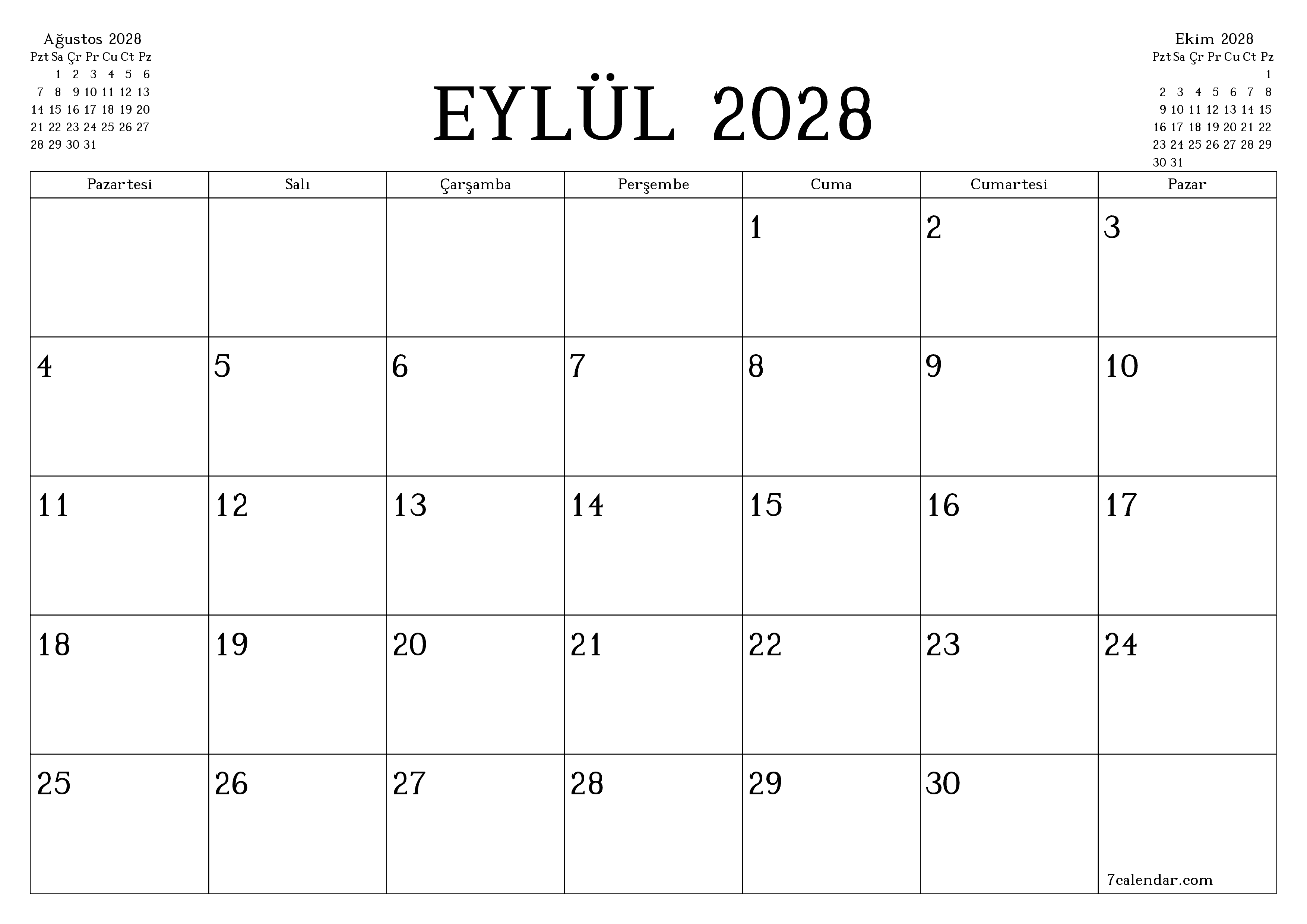Eylül 2028 ayı için notlarla birlikte boş aylık planlayıcı, kaydedin ve PDF'ye yazdırın PNG Turkish