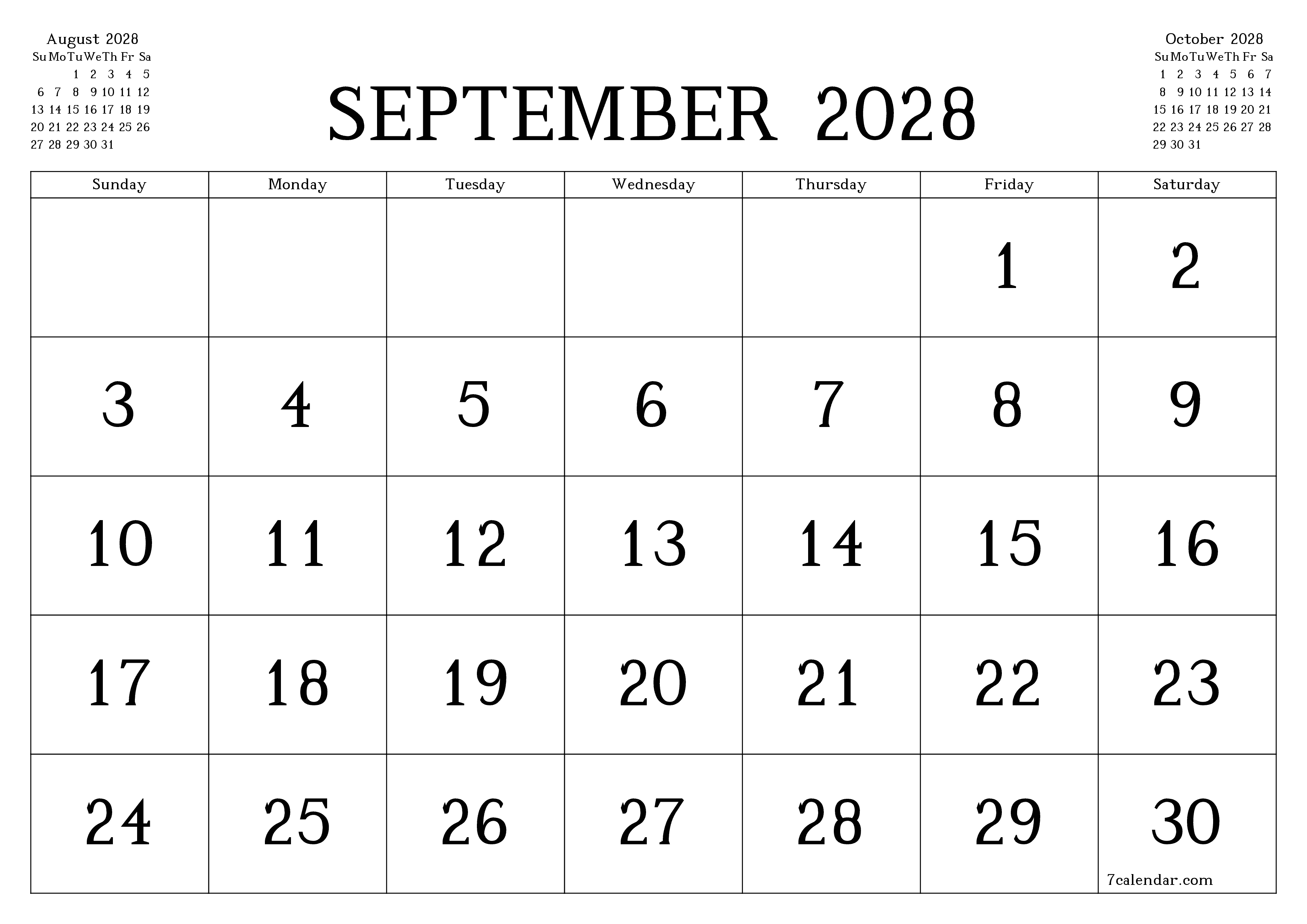 Blank calendar September 2028
