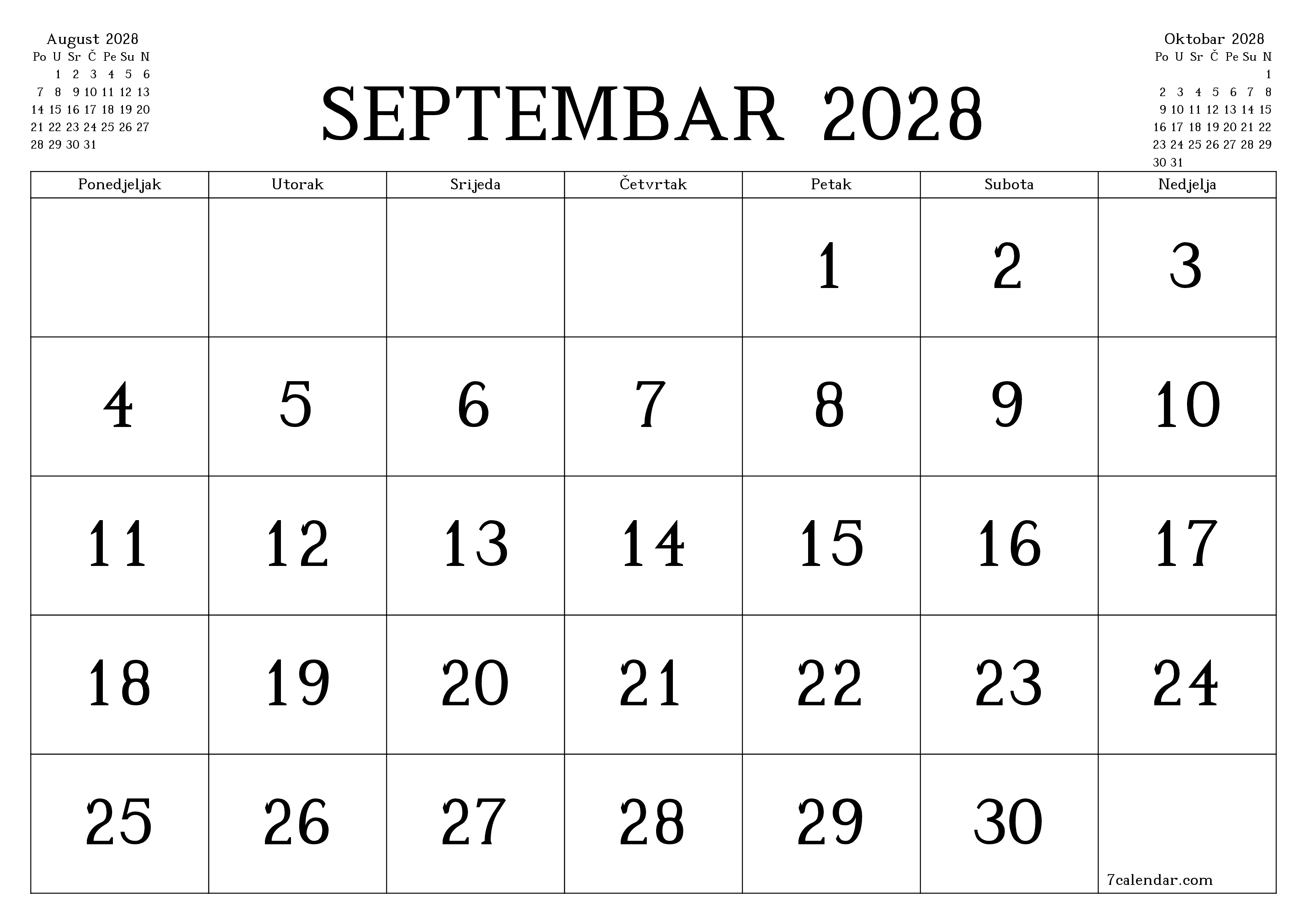 Ispraznite mjesečni planer za mjesec Septembar 2028 s bilješkama, spremite i ispišite u PDF PNG Bosnian
