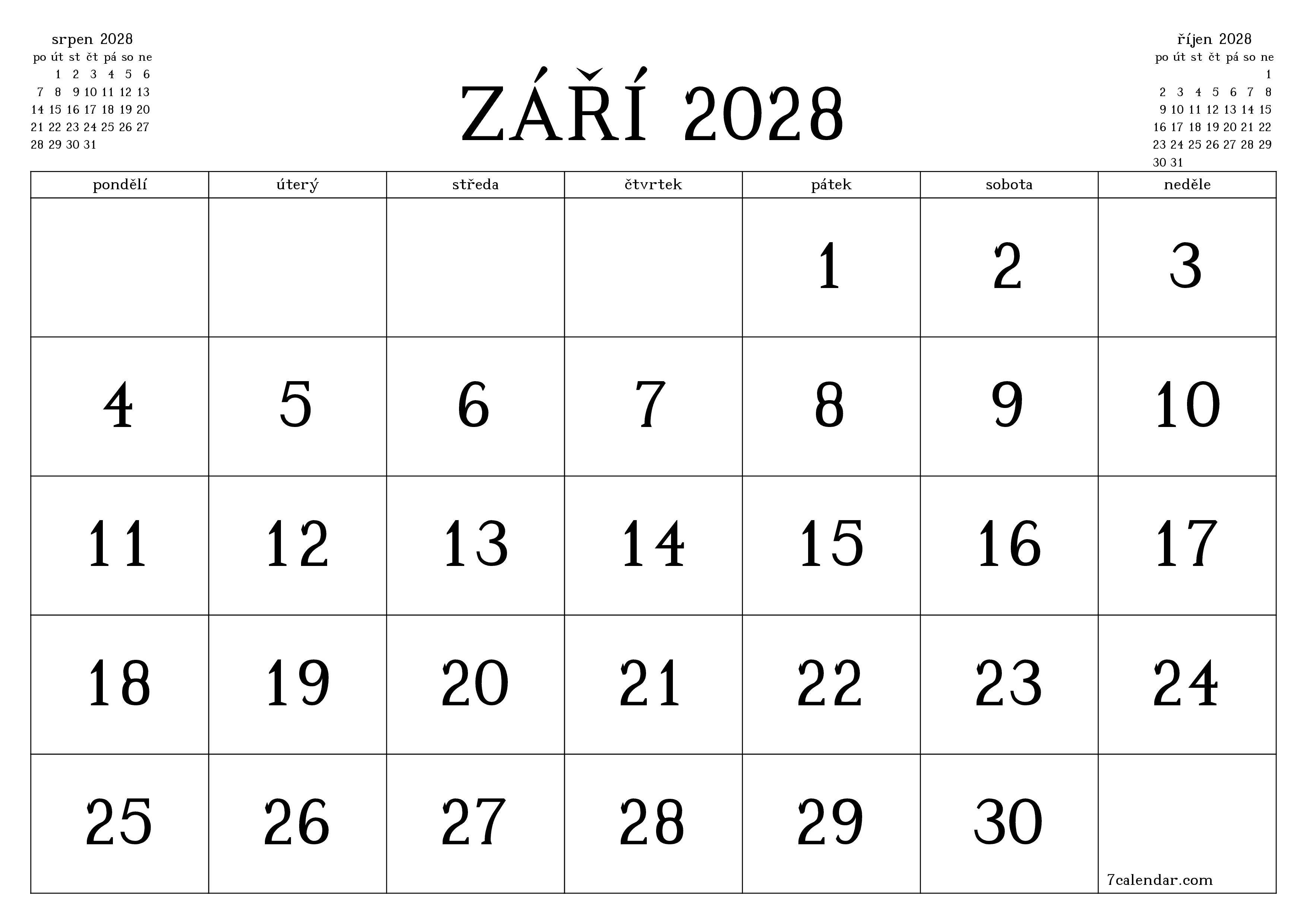 Vyprázdnit měsíční plánovač na měsíc září 2028 s poznámkami, uložit a vytisknout do PDF PNG Czech