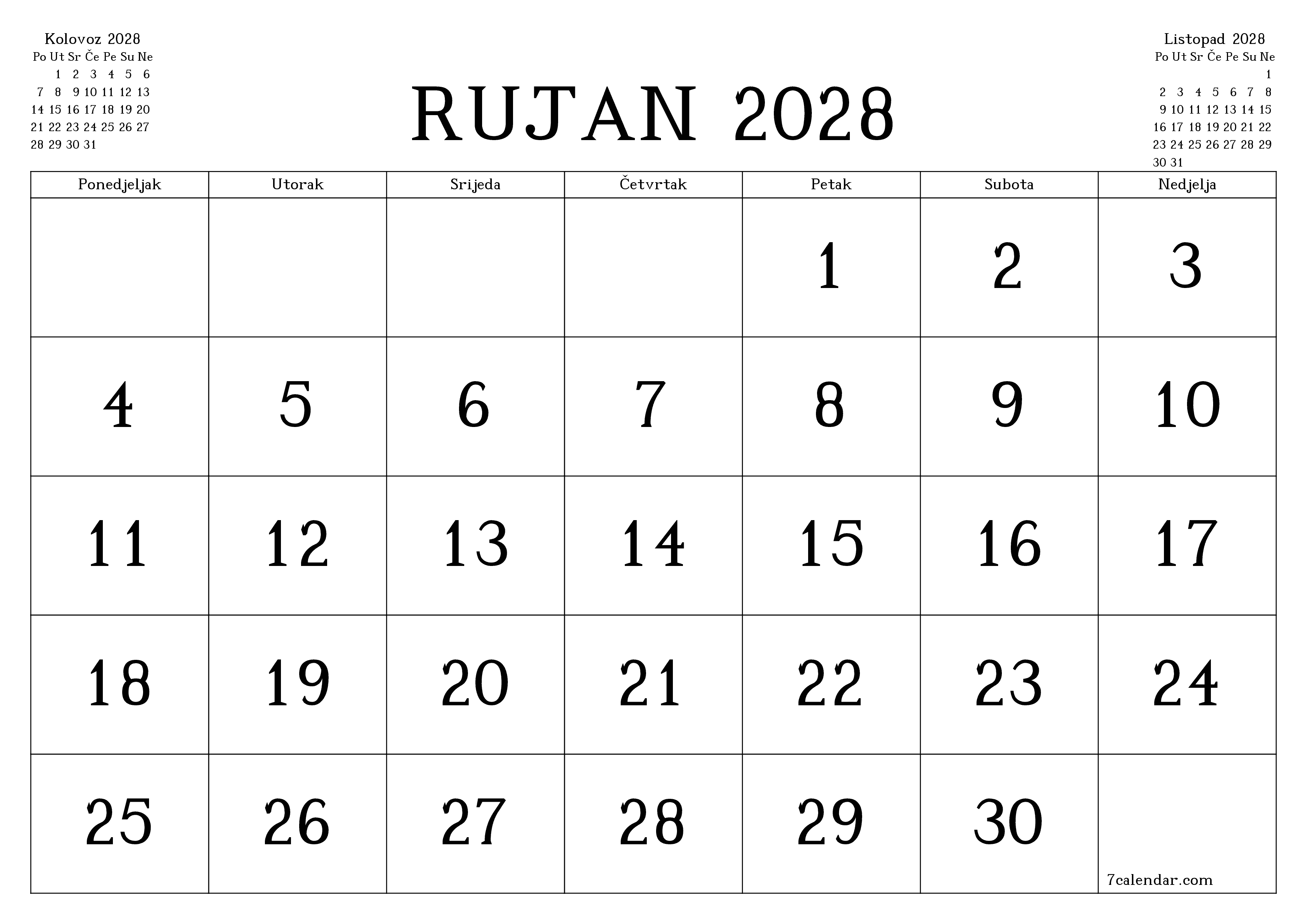 Ispraznite mjesečni planer za mjesec Rujan 2028 s bilješkama, spremite i ispišite u PDF PNG Croatian