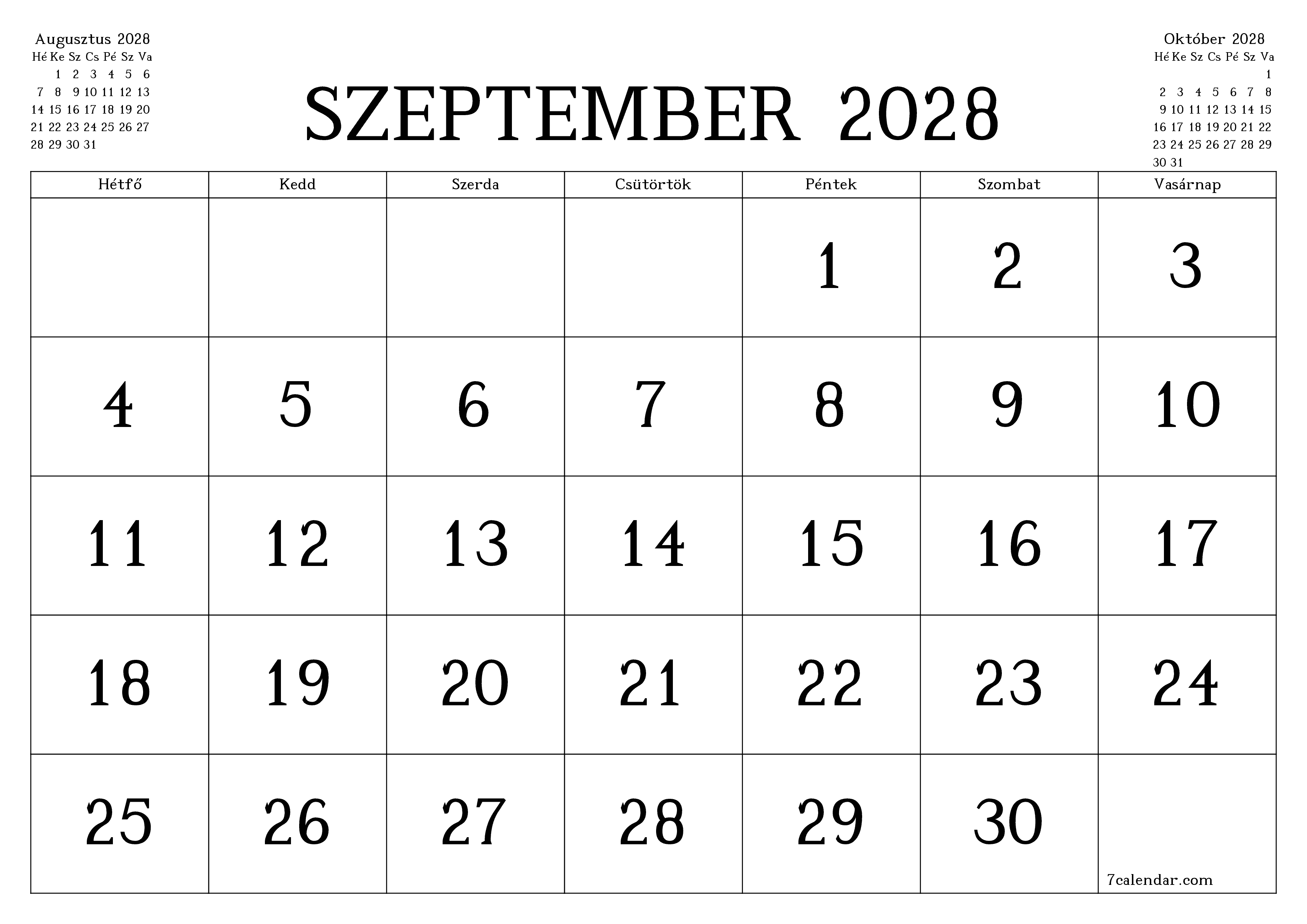 Üres havi tervező a Szeptember 2028 hónapra jegyzetekkel, mentés és nyomtatás PDF-be PNG Hungarian