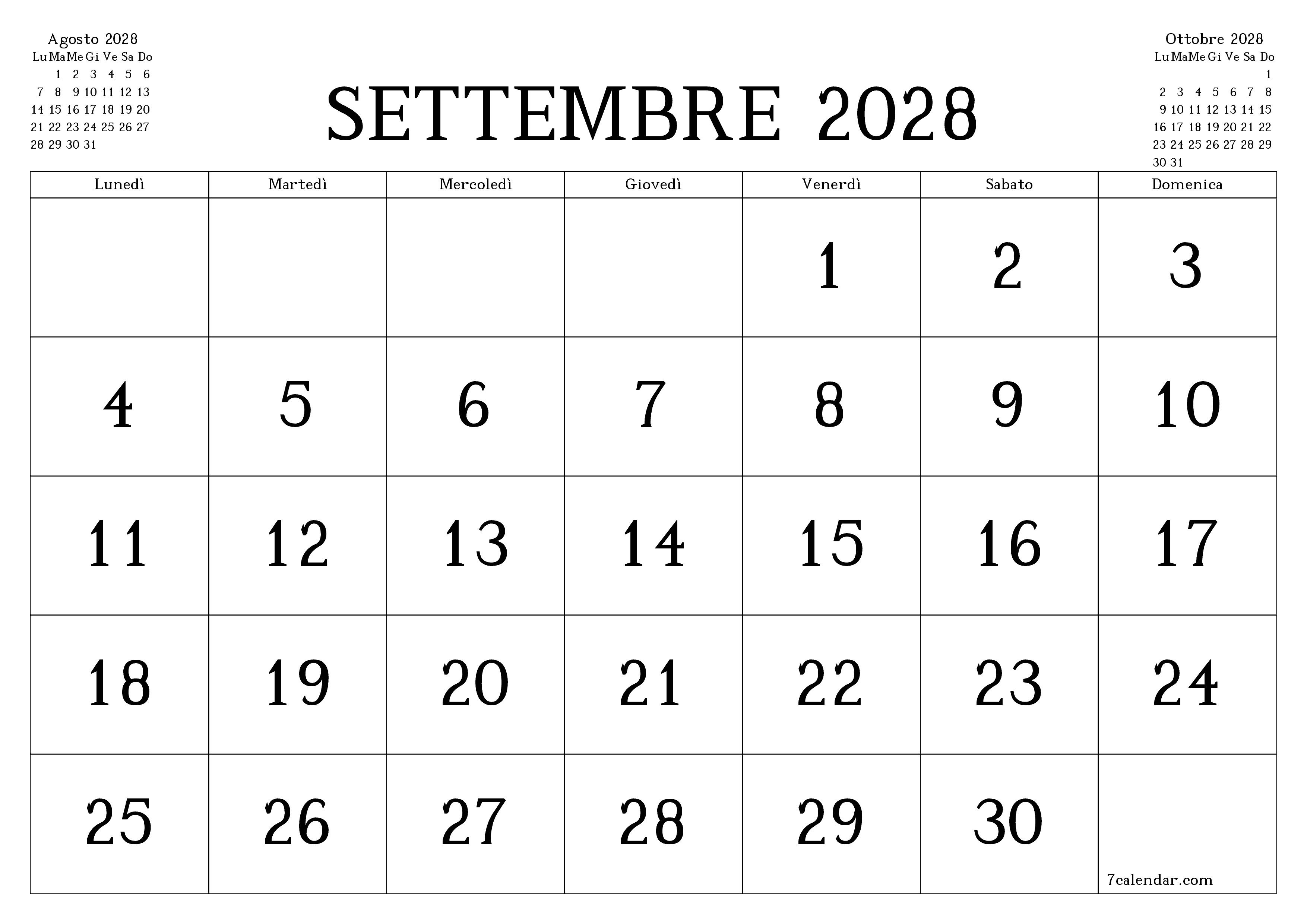 Pianificatore mensile vuoto per il mese Settembre 2028 con note, salva e stampa in PDF PNG Italian