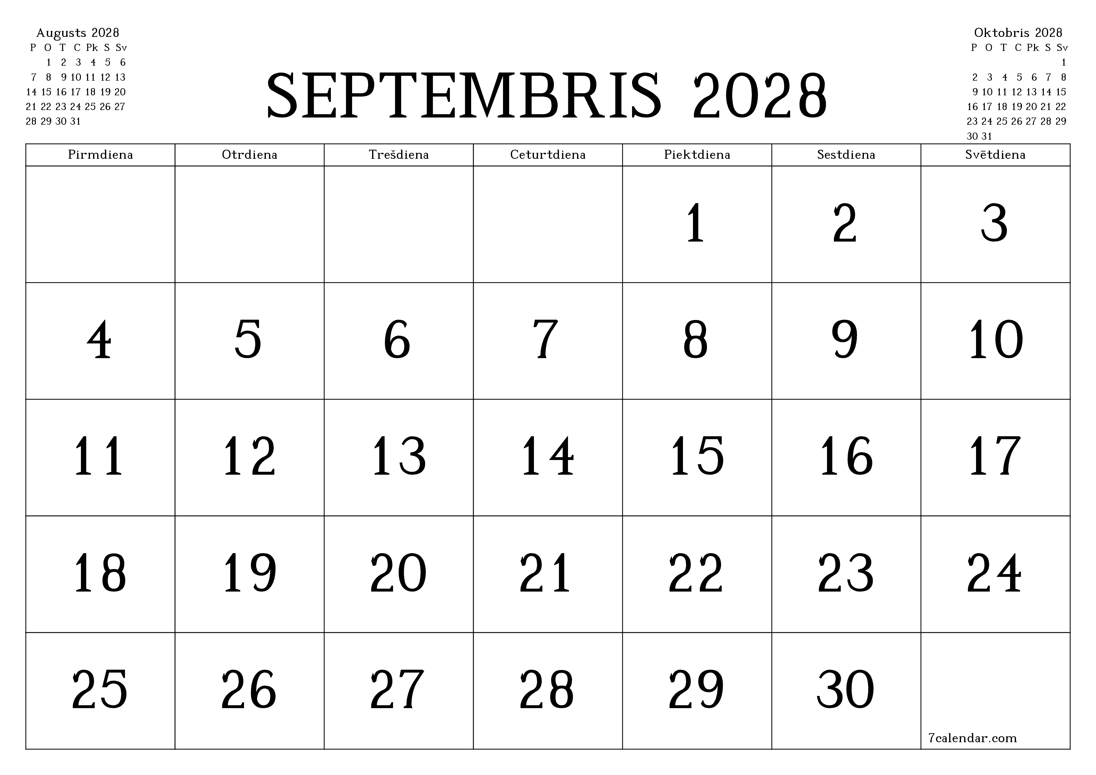Iztukšot mēneša plānotāju mēnesim Septembris 2028 ar piezīmēm, saglabāt un izdrukāt PDF formātā PNG Latvian
