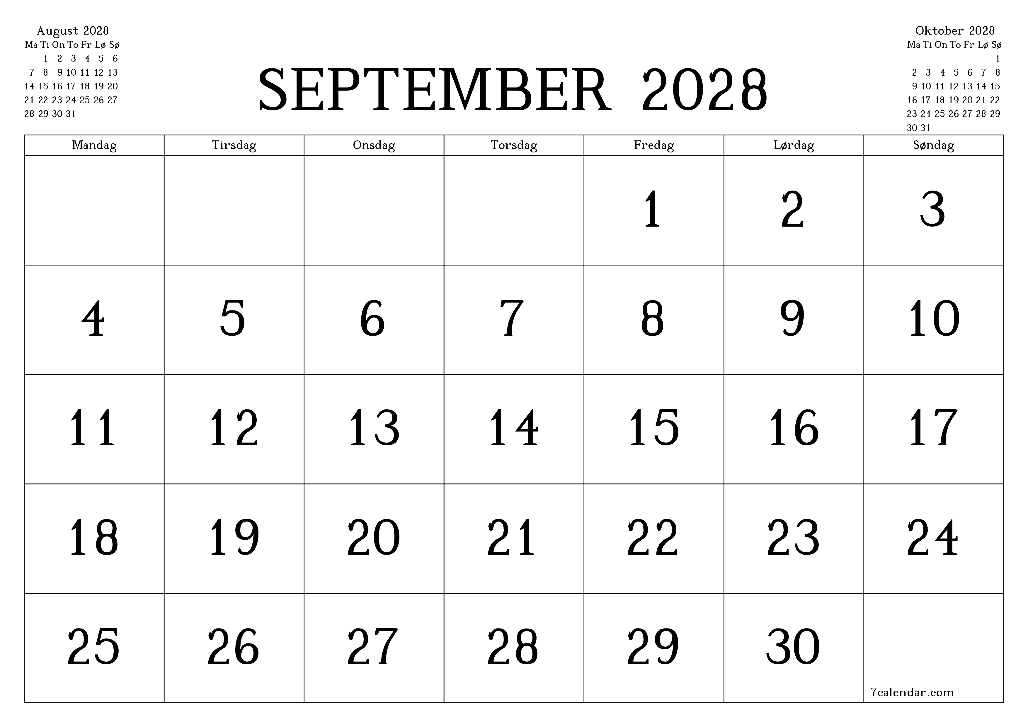Tom månedlig planlegger for måned September 2028 med notater, lagre og skriv ut til PDF PNG Norwegian