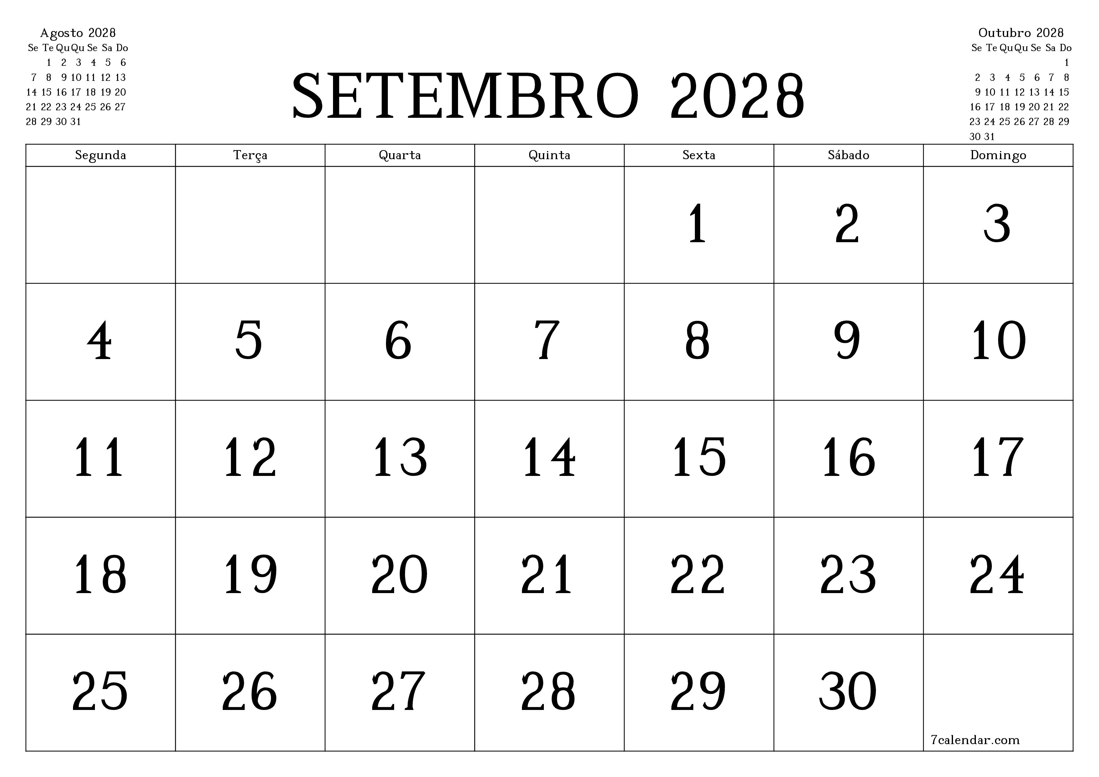 Esvazie o planejador mensal para o mês Setembro 2028 com notas, salve e imprima em PDF PNG Portuguese