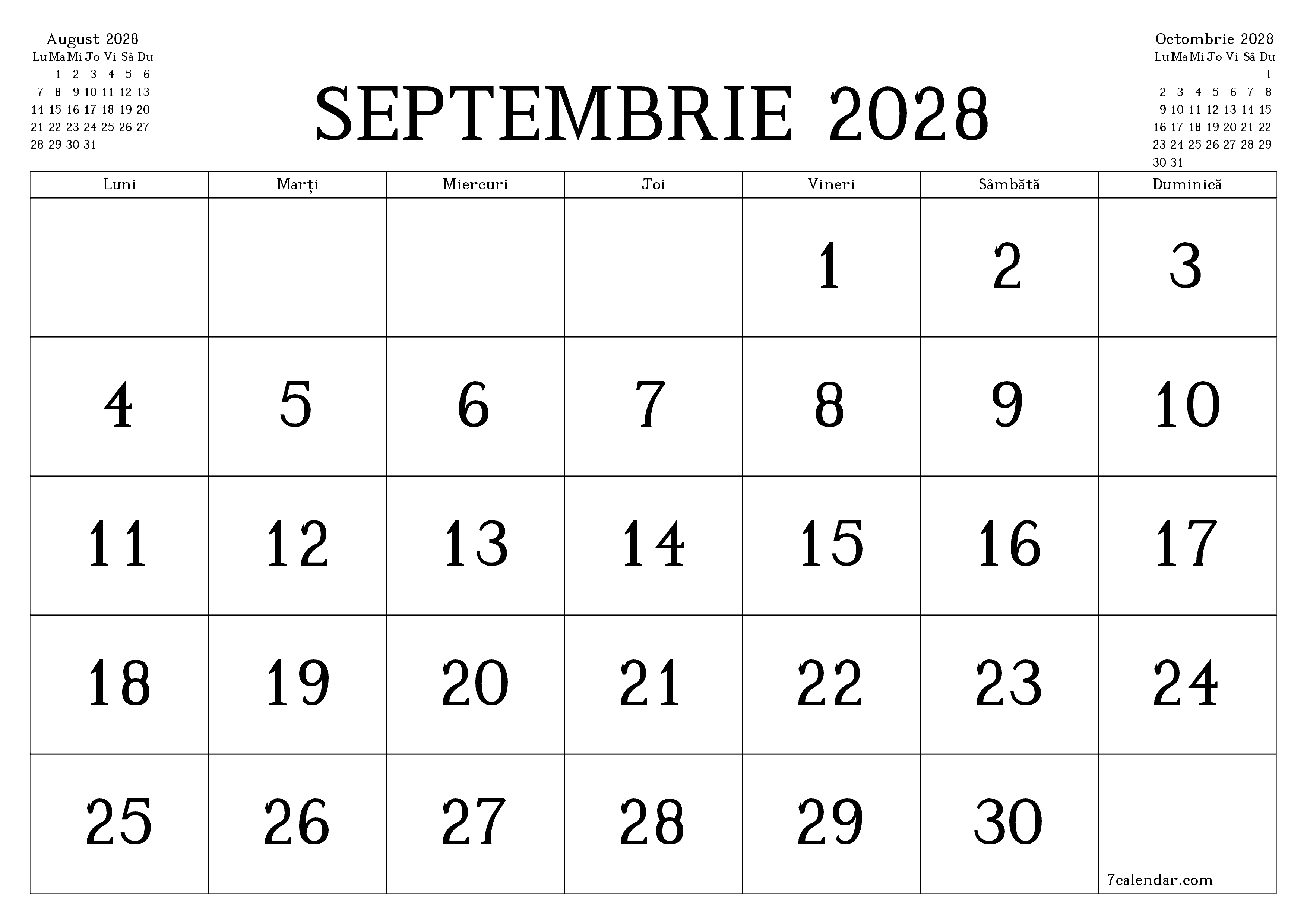 Planificator lunar gol pentru luna Septembrie 2028 cu note, salvați și tipăriți în PDF PNG Romanian
