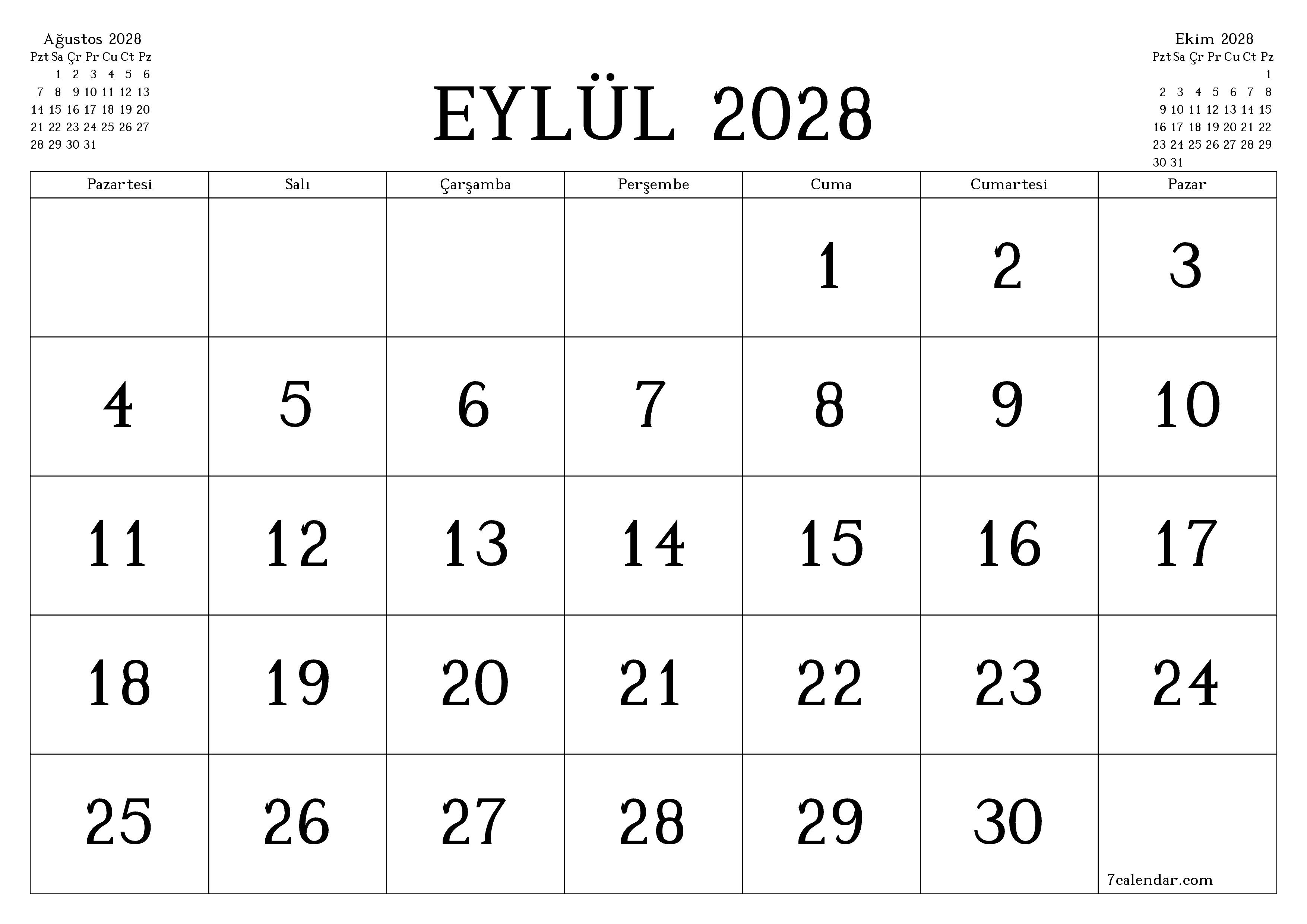 Eylül 2028 ayı için notlarla birlikte boş aylık planlayıcı, kaydedin ve PDF'ye yazdırın PNG Turkish