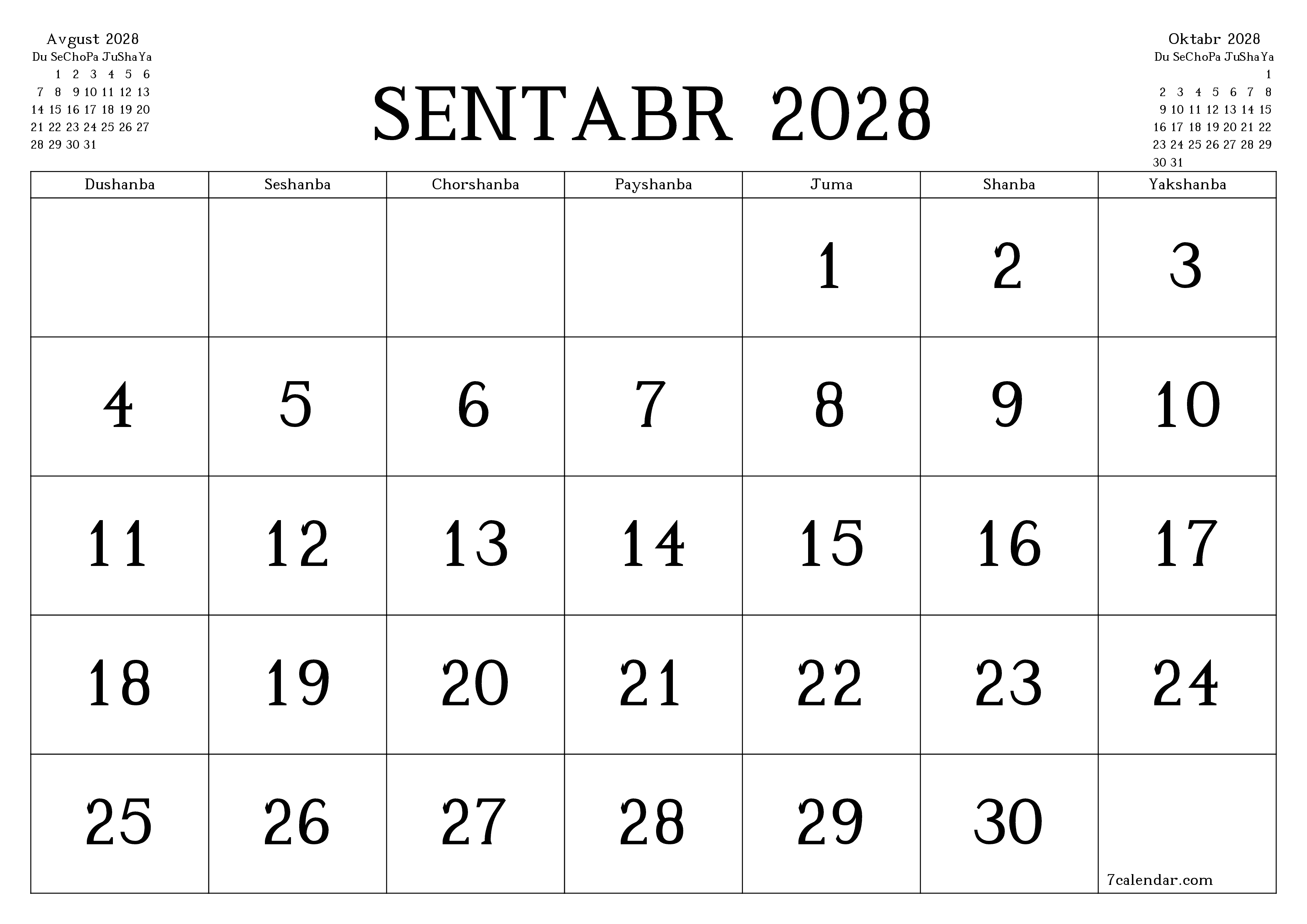 Sentabr 2028 oylik oylik rejalashtiruvchini yozuvlar bilan bo'shatish, saqlash va PDF-ga chop etish PNG Uzbek