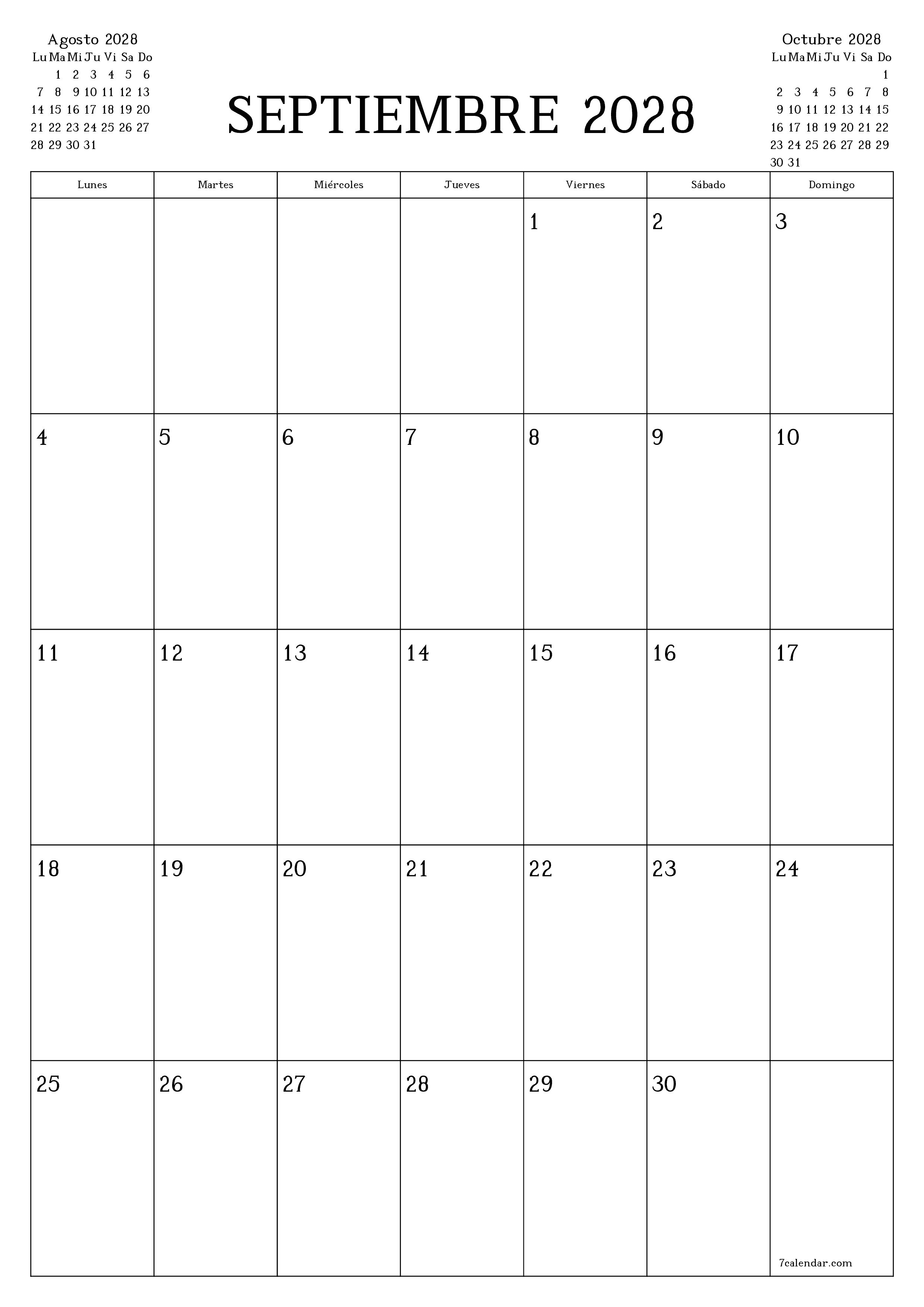 Planificador mensual vacío para el mes Septiembre 2028 con notas, guardar e imprimir en PDF PNG Spanish