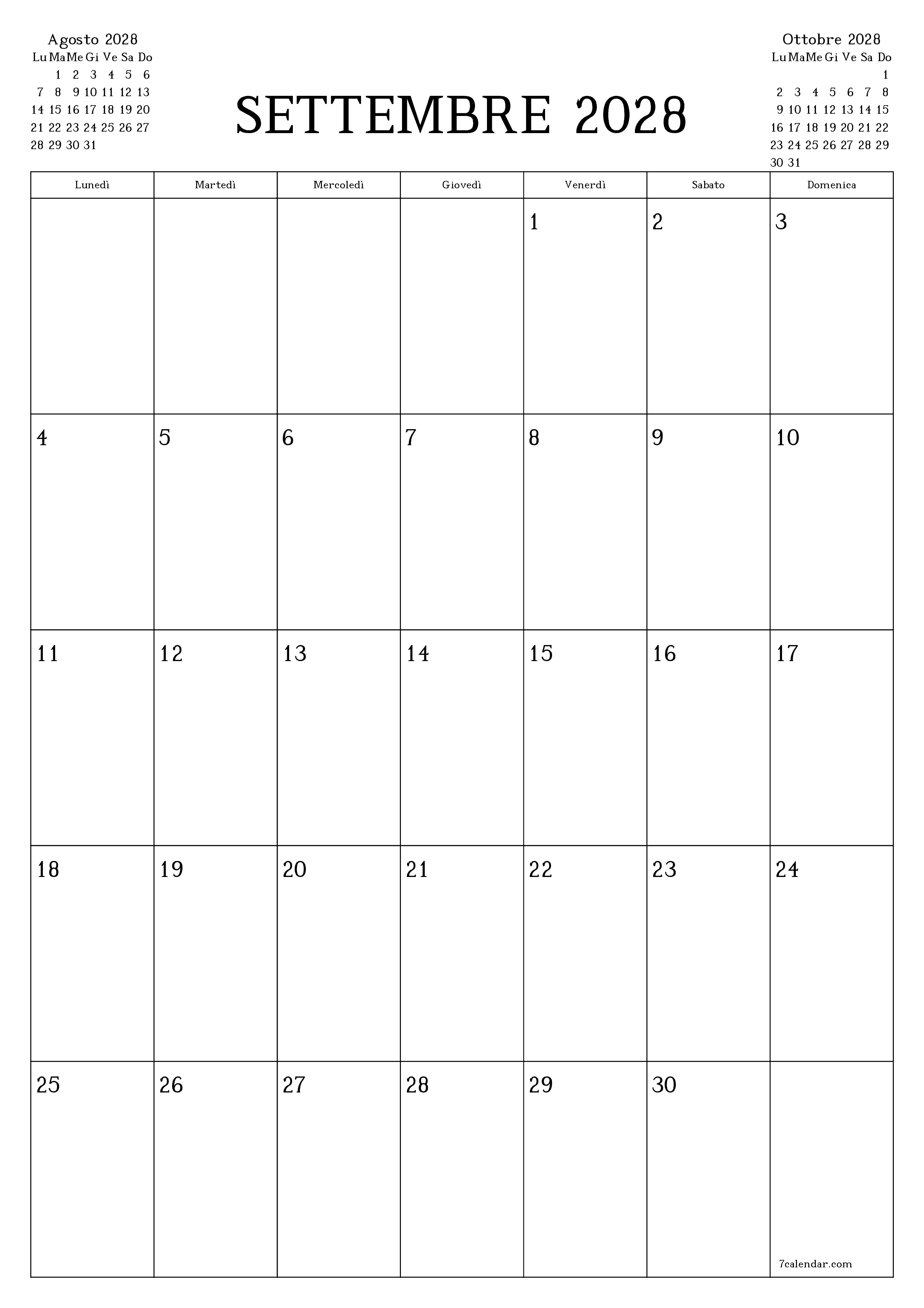 Pianificatore mensile vuoto per il mese Settembre 2028 con note, salva e stampa in PDF PNG Italian