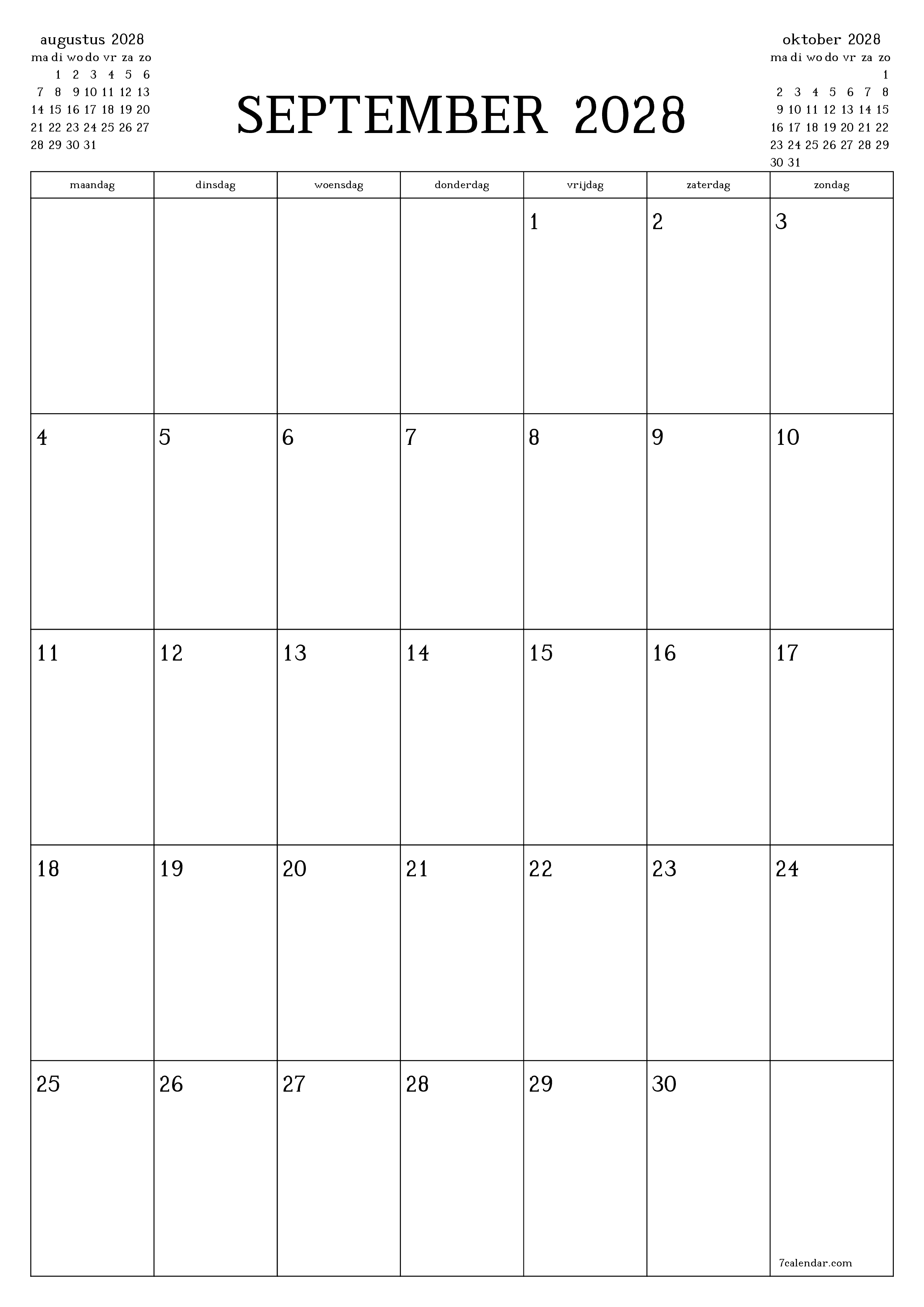 Lege maandplanner voor maand september 2028 met notities, opslaan en afdrukken naar pdf PNG Dutch