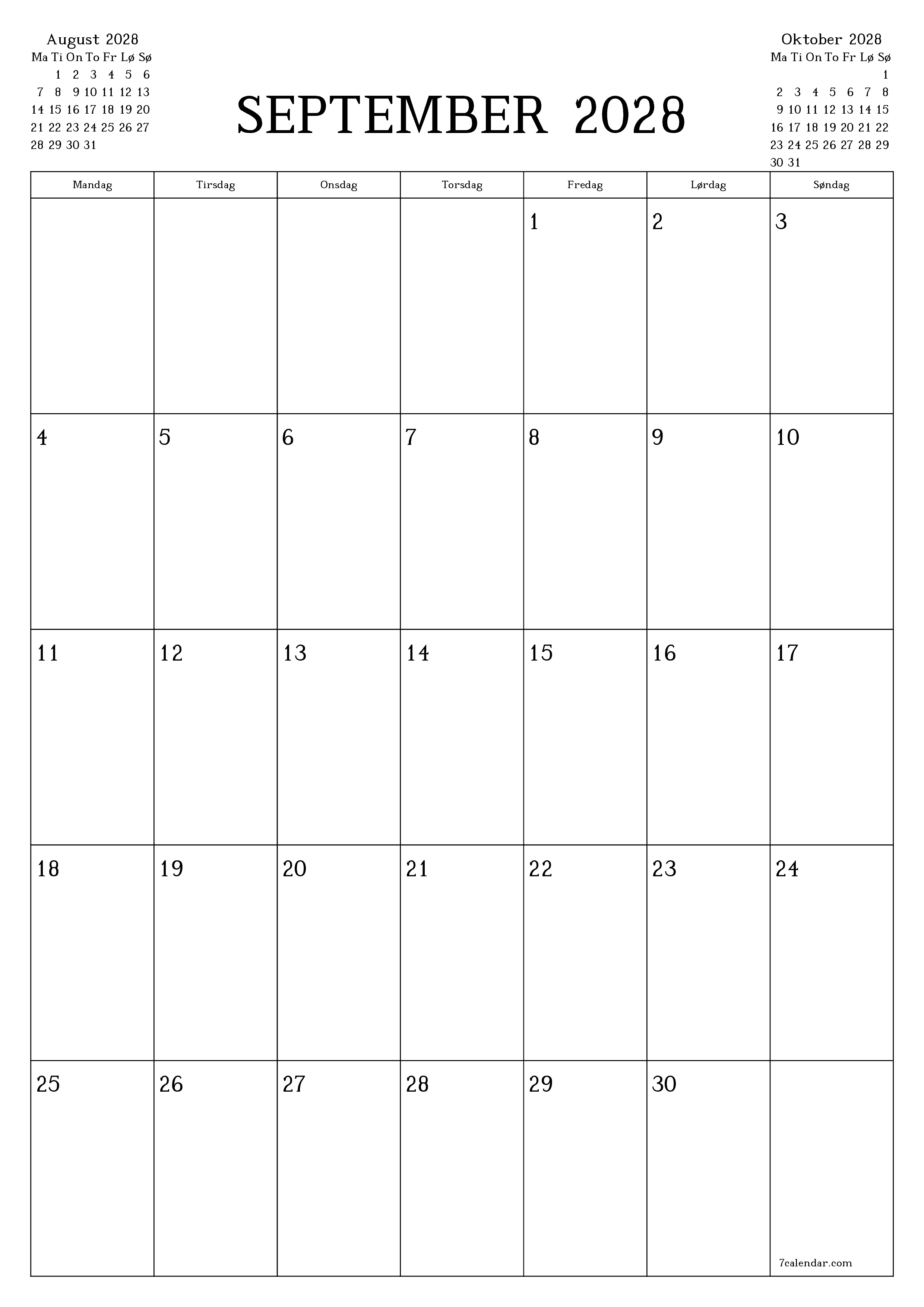 utskrivbar vegg mal gratis vertikal Månedlig planlegger kalender September (Sep) 2028