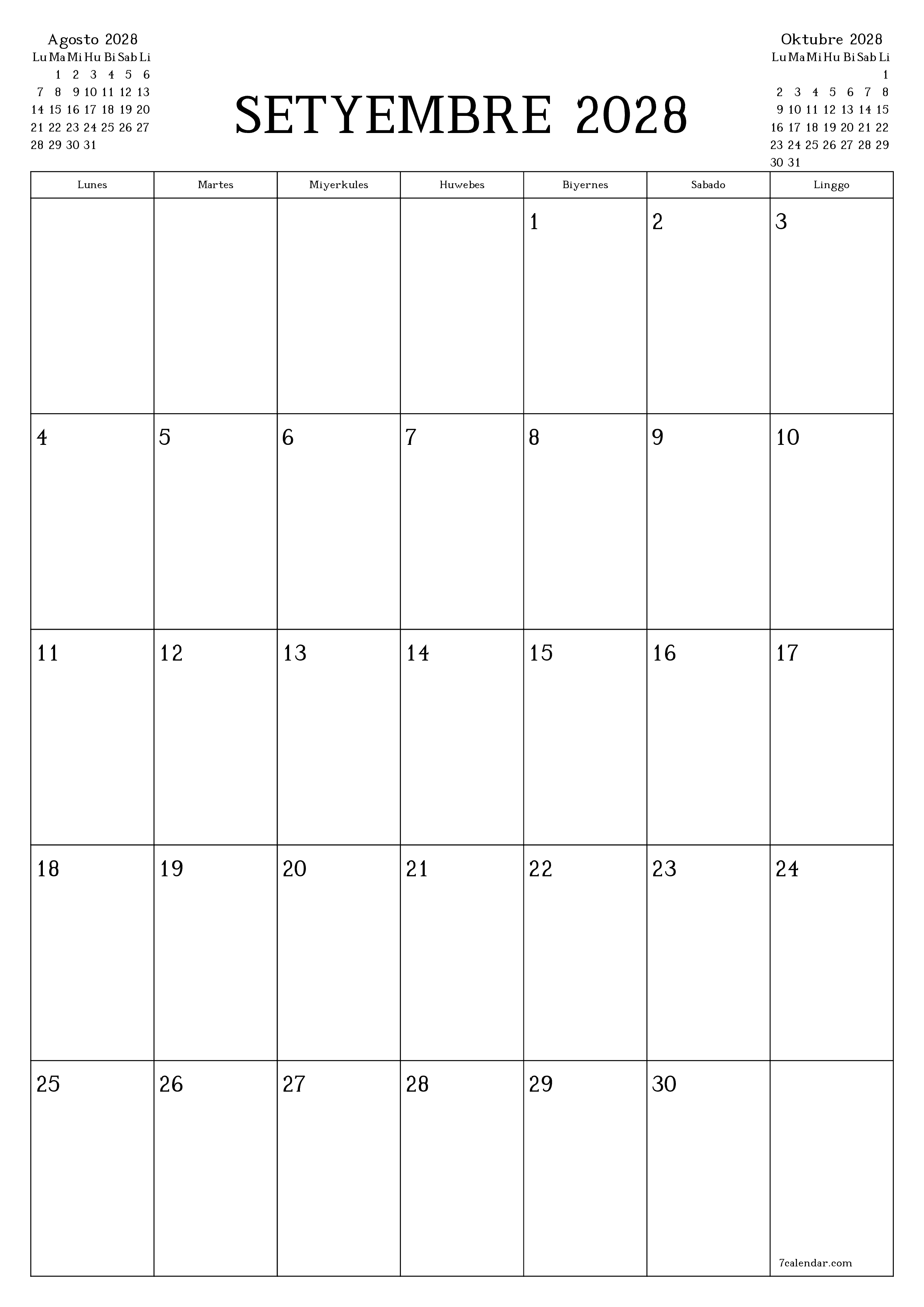 Walang laman na buwanang tagaplano para sa buwan na Setyembre 2028 na may mga tala, i-save at i-print sa PDF PNG Filipino