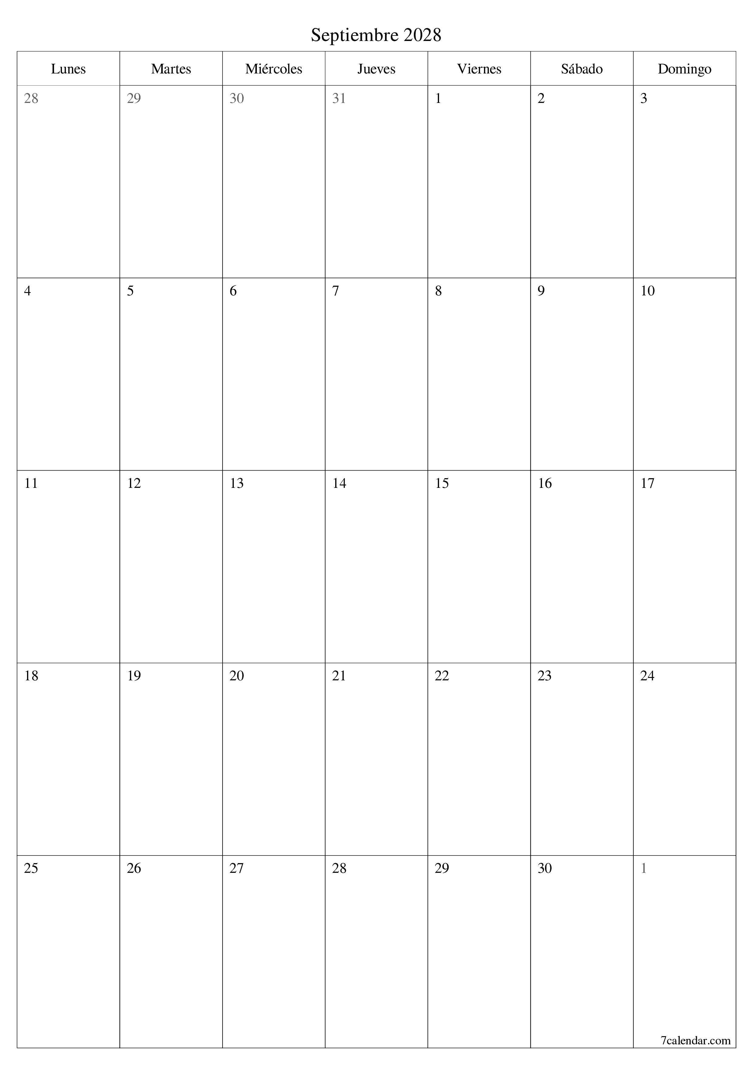 Planificador mensual vacío para el mes Septiembre 2028 con notas, guardar e imprimir en PDF PNG Spanish