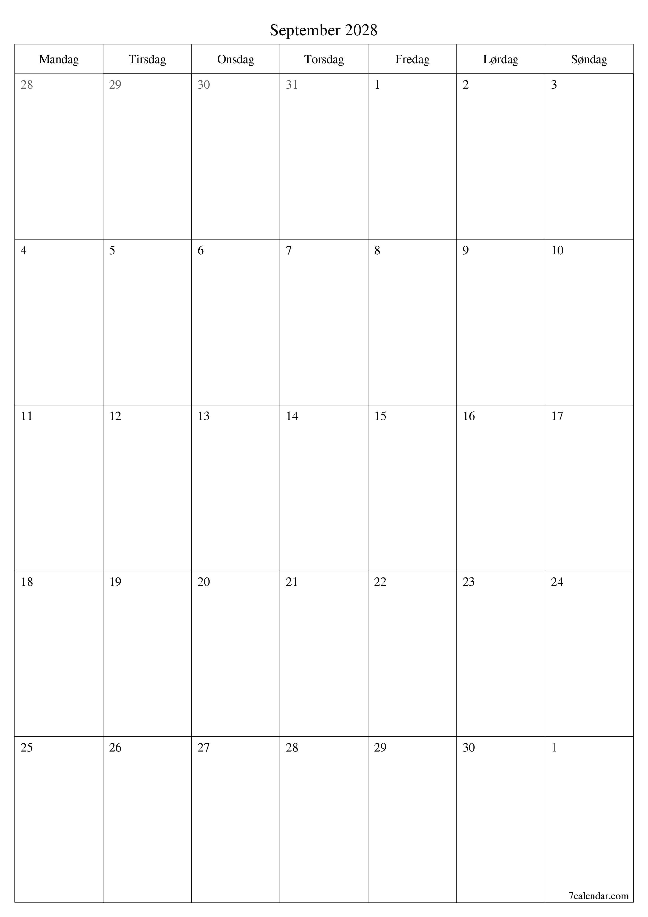 utskrivbar vegg mal gratis vertikal Månedlig planlegger kalender September (Sep) 2028