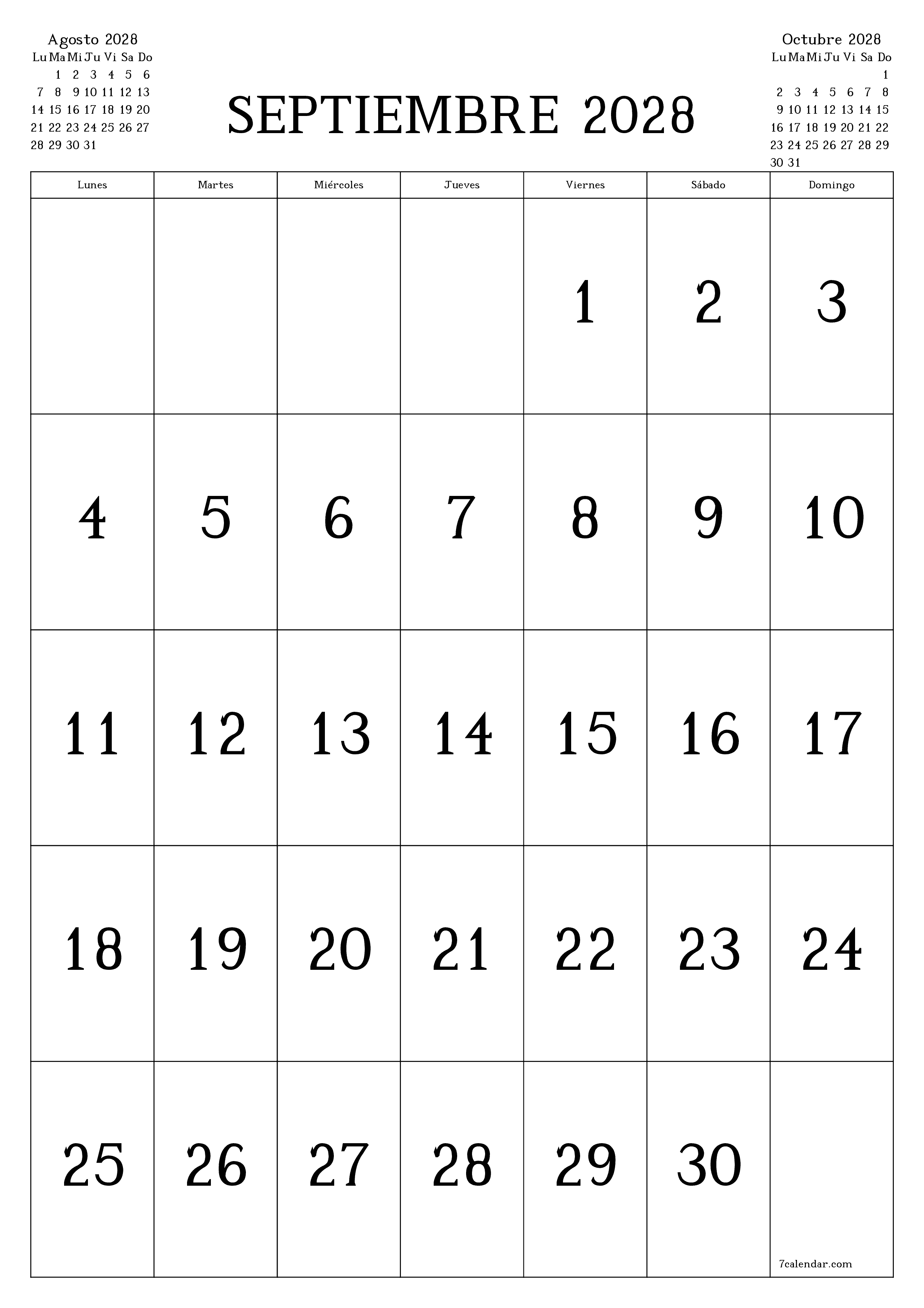Planificador mensual vacío para el mes Septiembre 2028 con notas, guardar e imprimir en PDF PNG Spanish