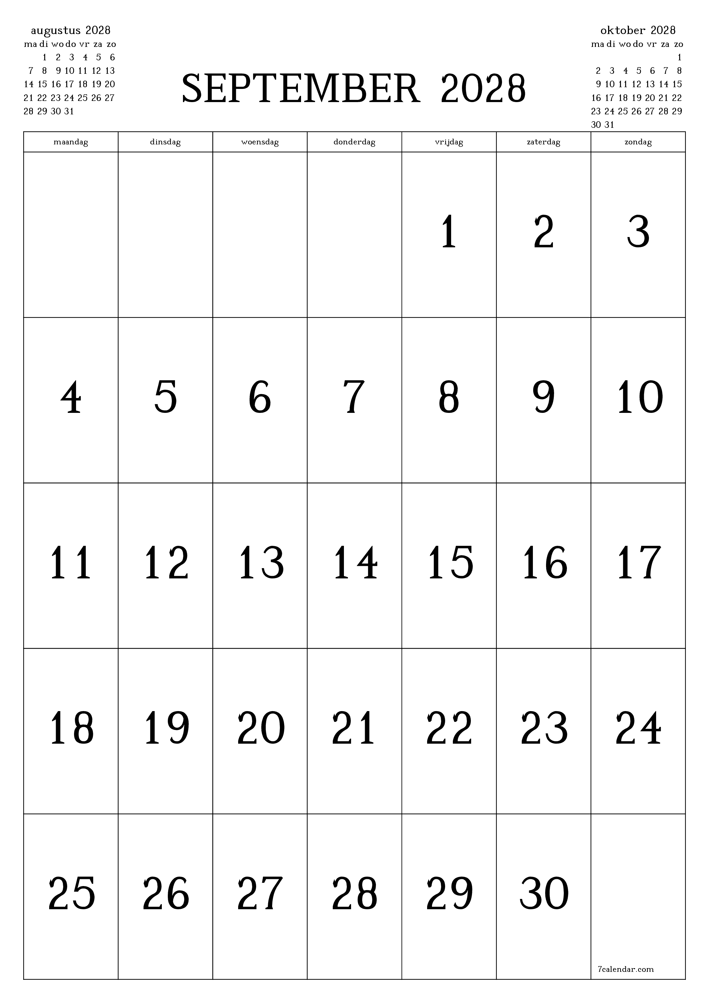 Lege maandplanner voor maand september 2028 met notities, opslaan en afdrukken naar pdf PNG Dutch