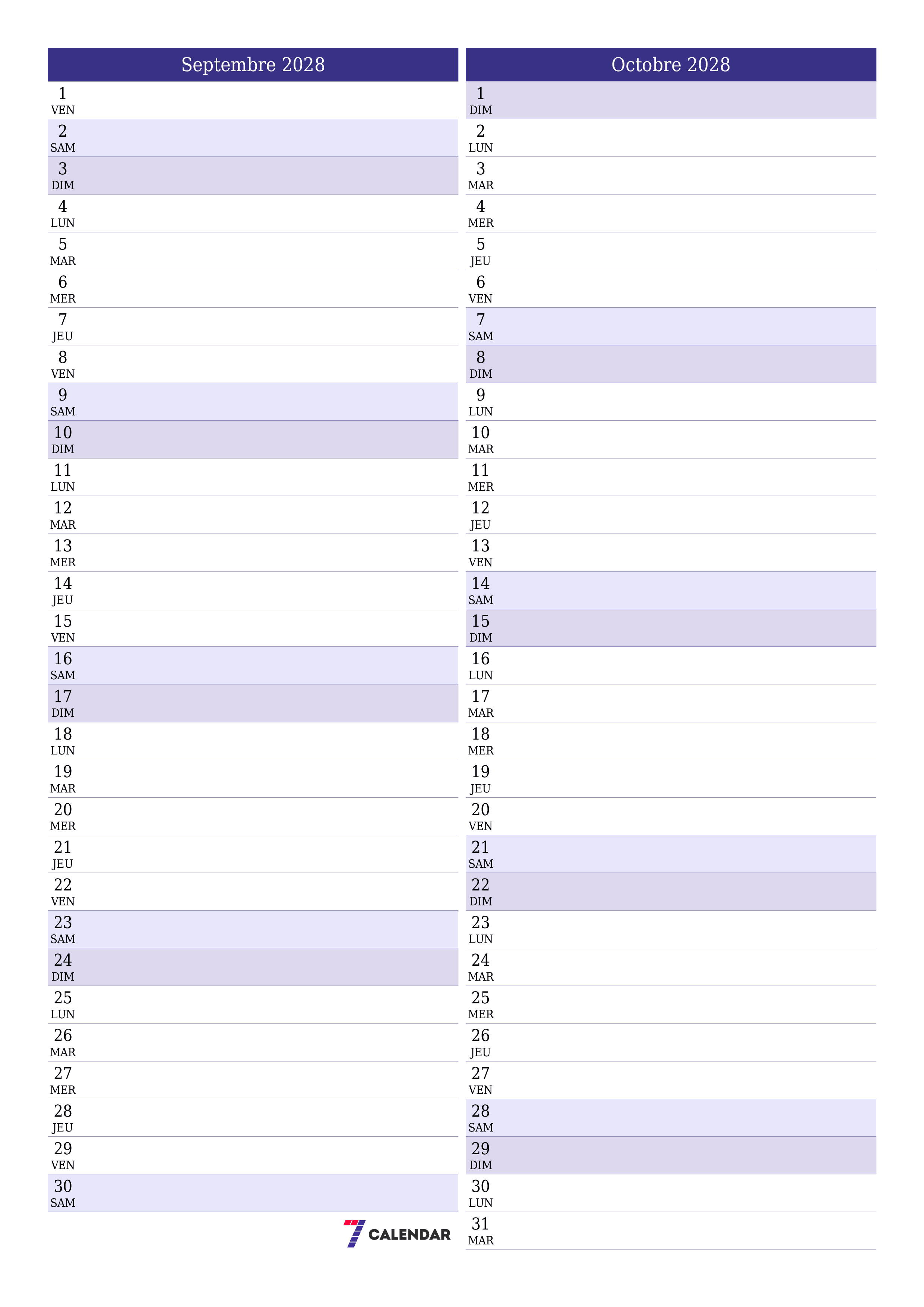 Agenda mensuel vide pour le mois Septembre 2028 avec notes, enregistrez et imprimez au format PDF PNG French