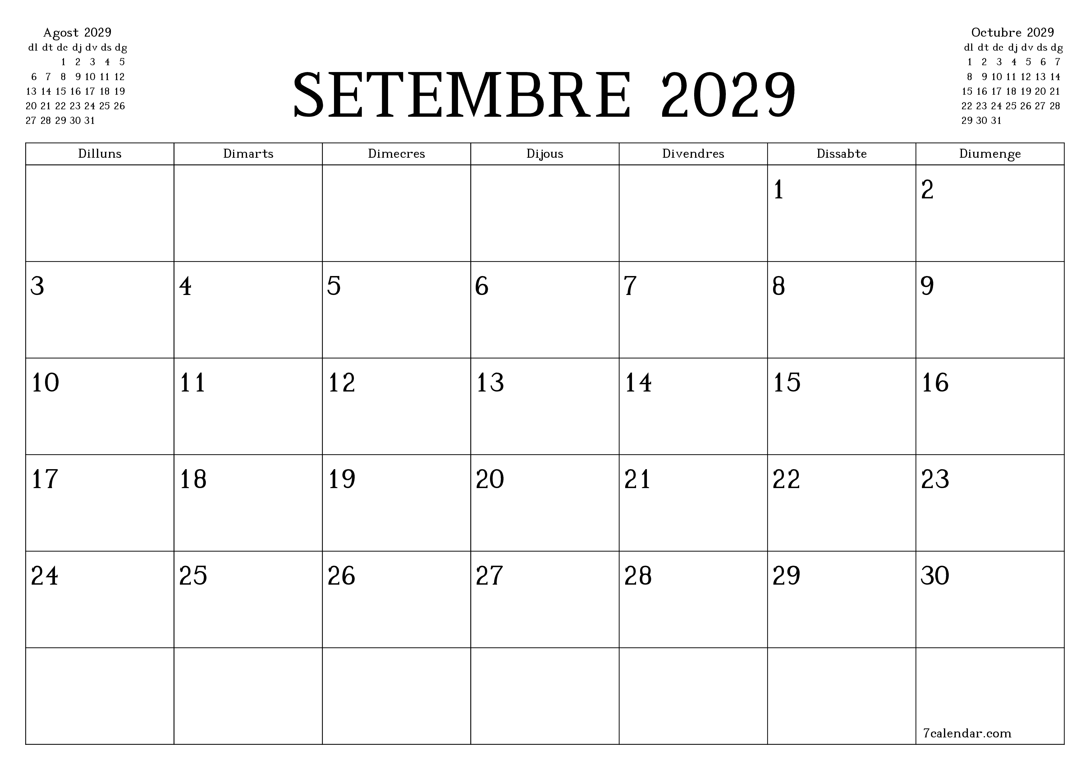 Planificador mensual buit del mes Setembre 2029 amb notes, deseu-lo i imprimiu-lo en format PDF PNG Catalan