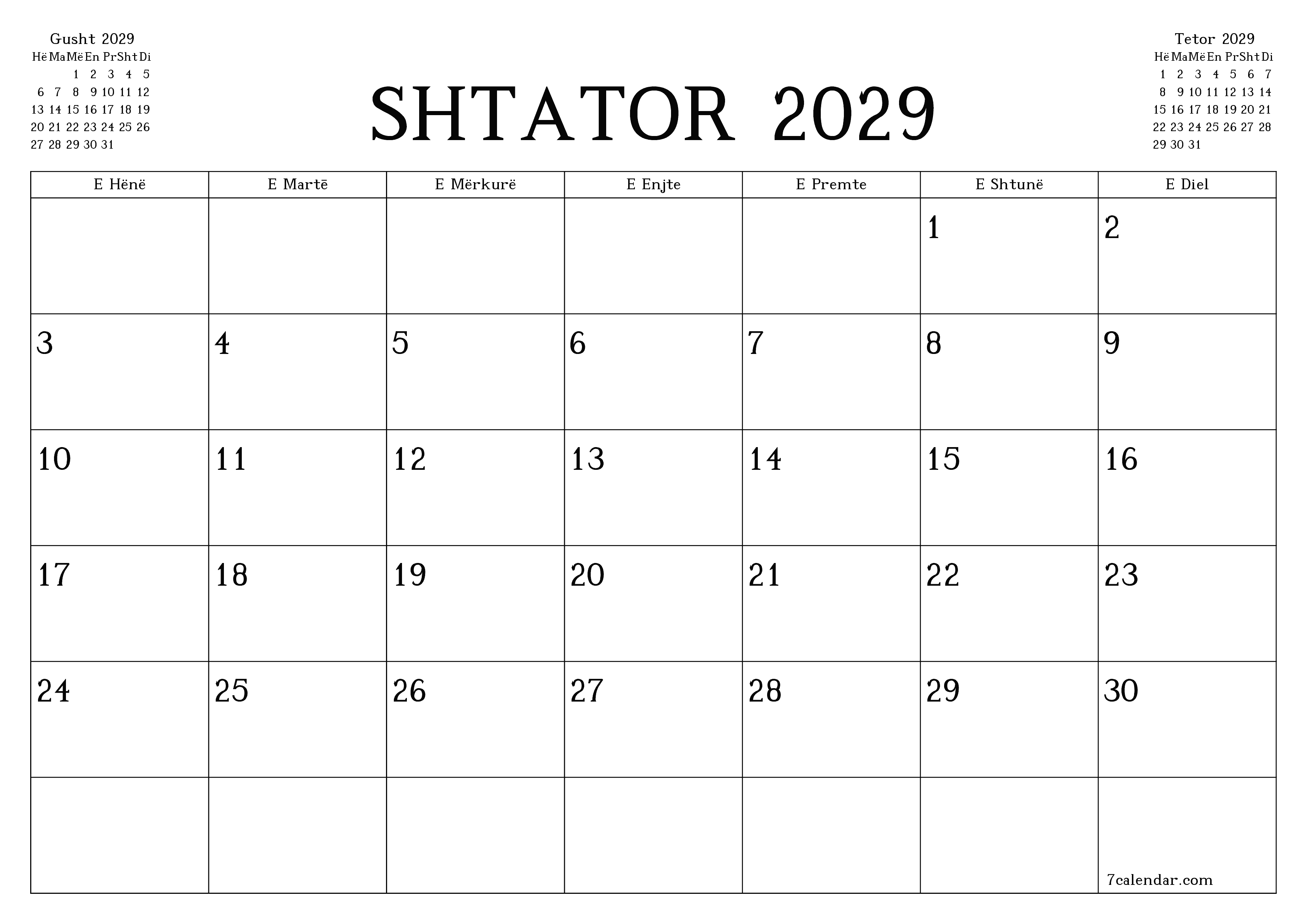 Planifikuesi i zbrazët i kalendarit mujor për muajin Shtator 2029 me shënime të ruajtura dhe të printuara në PDF PNG Albanian