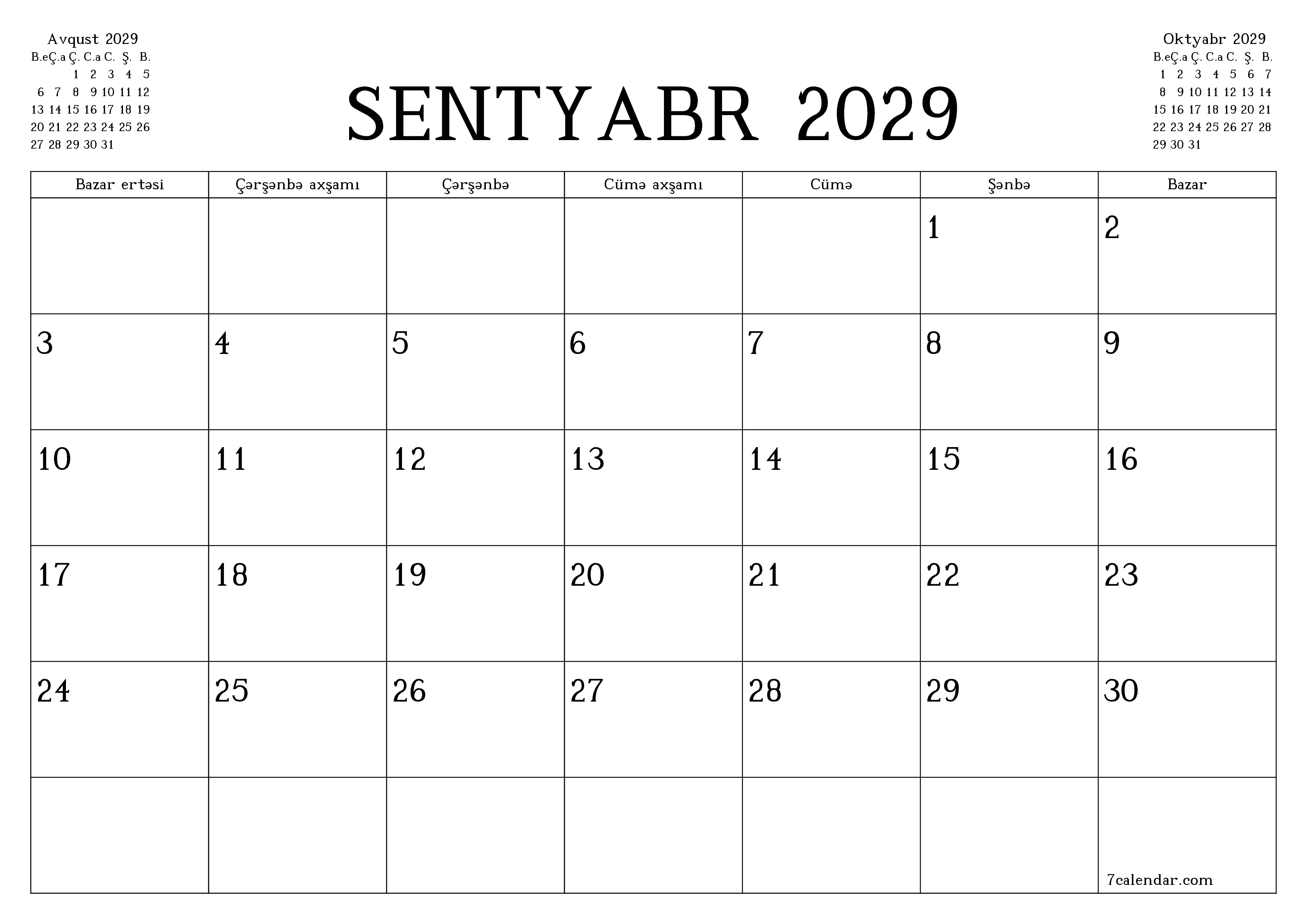 Sentyabr 2029 ayı üçün qeydlər ilə boş aylıq planlayıcı, qeyd edin və PDF-ə yazdırın PNG Azerbaijani
