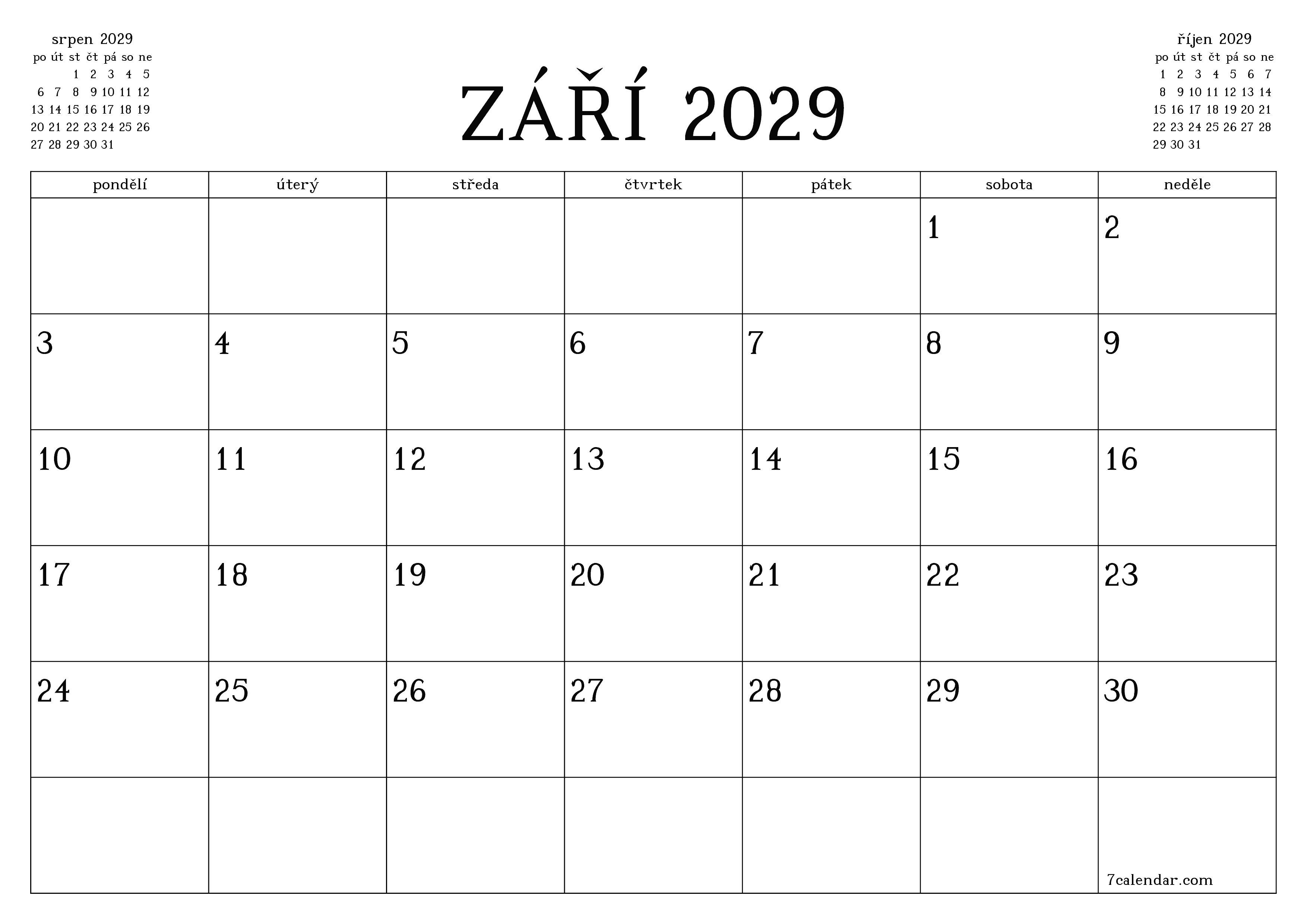 Vyprázdnit měsíční plánovač na měsíc září 2029 s poznámkami, uložit a vytisknout do PDF PNG Czech