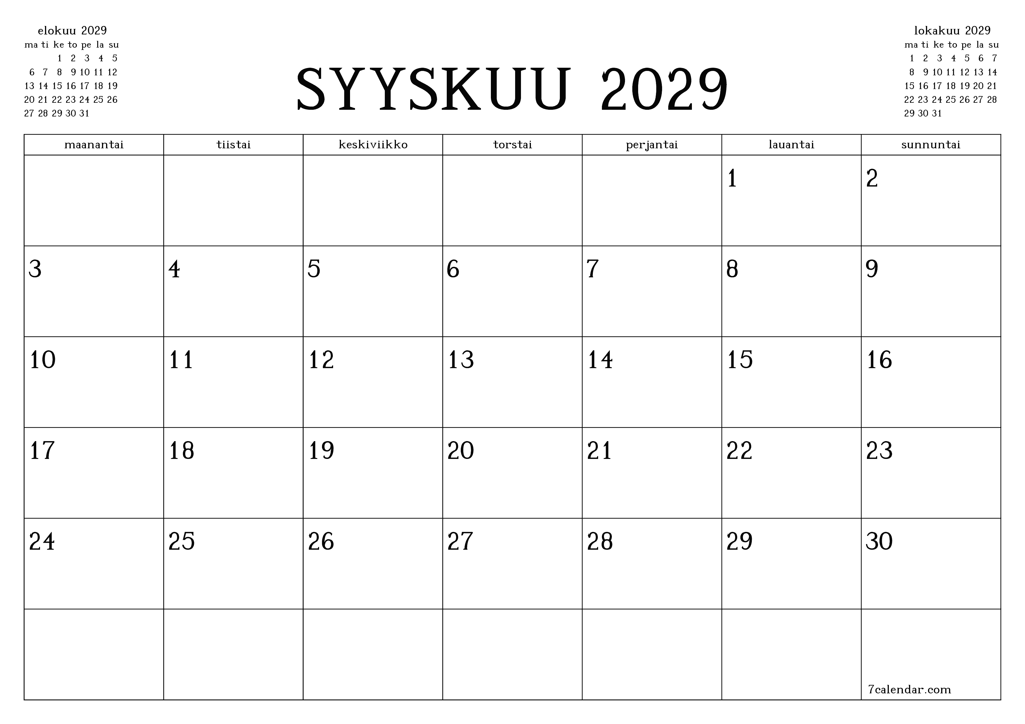 Tyhjennä kuukausittainen suunnittelija kuukaudelle Syyskuu 2029 muistiinpanoilla, tallenna ja tulosta PDF-muotoon PNG Finnish