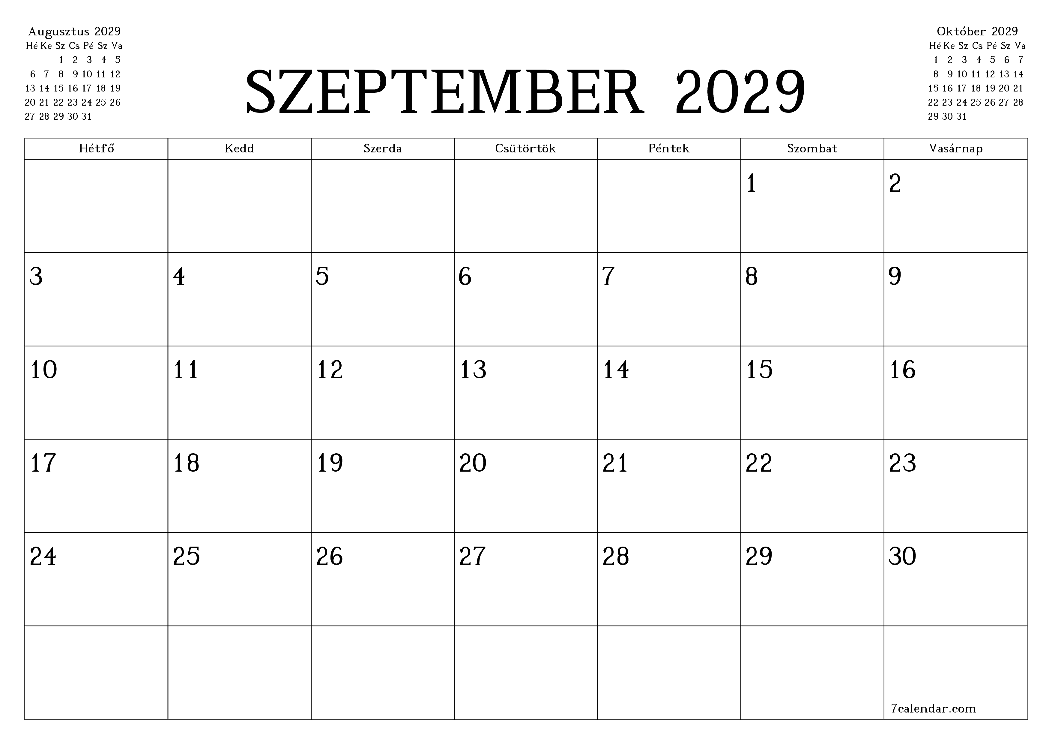 Üres havi tervező a Szeptember 2029 hónapra jegyzetekkel, mentés és nyomtatás PDF-be PNG Hungarian