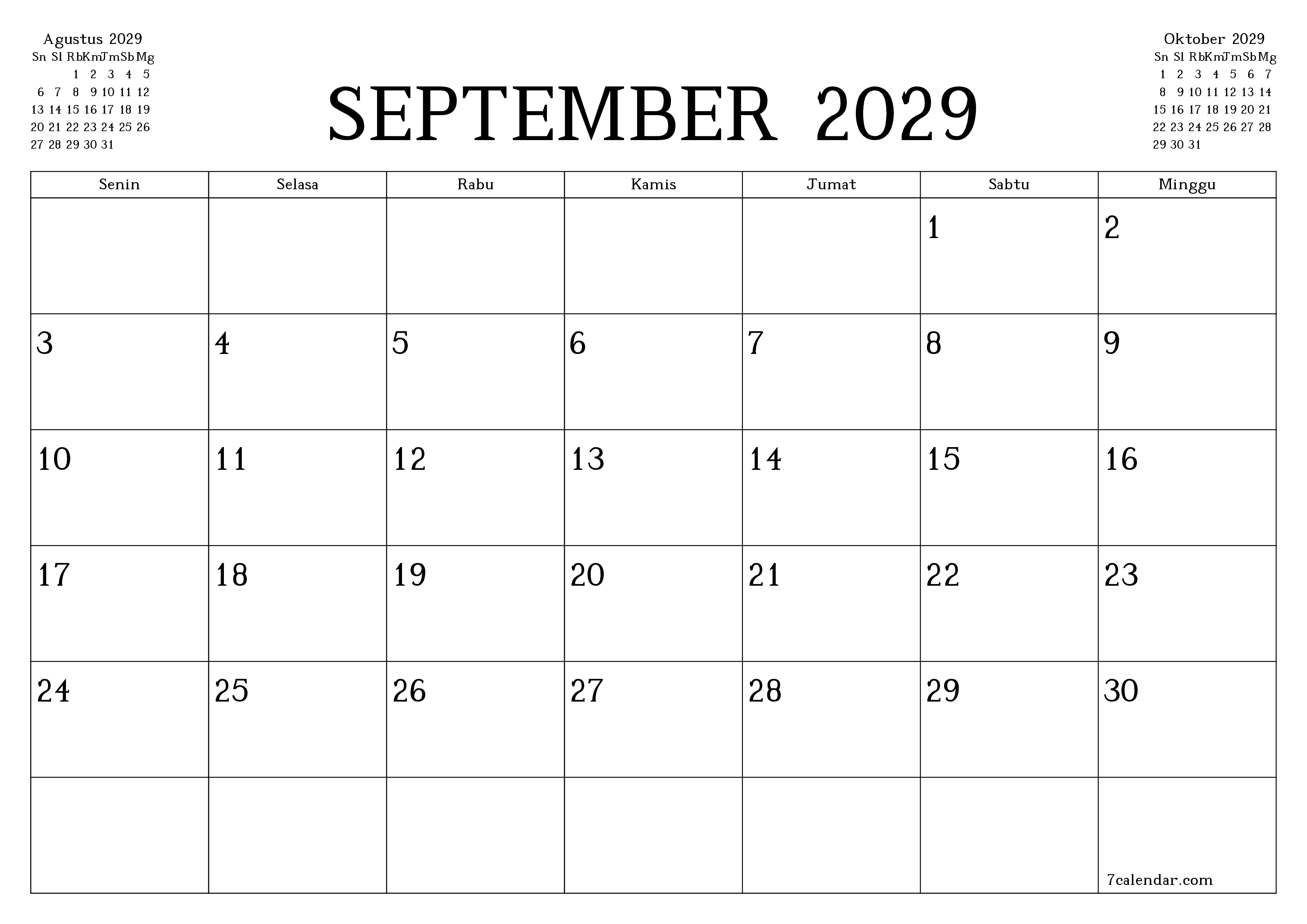 Kosongkan agenda bulanan untuk bulan September 2029 dengan catatan, simpan dan cetak ke PDF PNG Indonesian