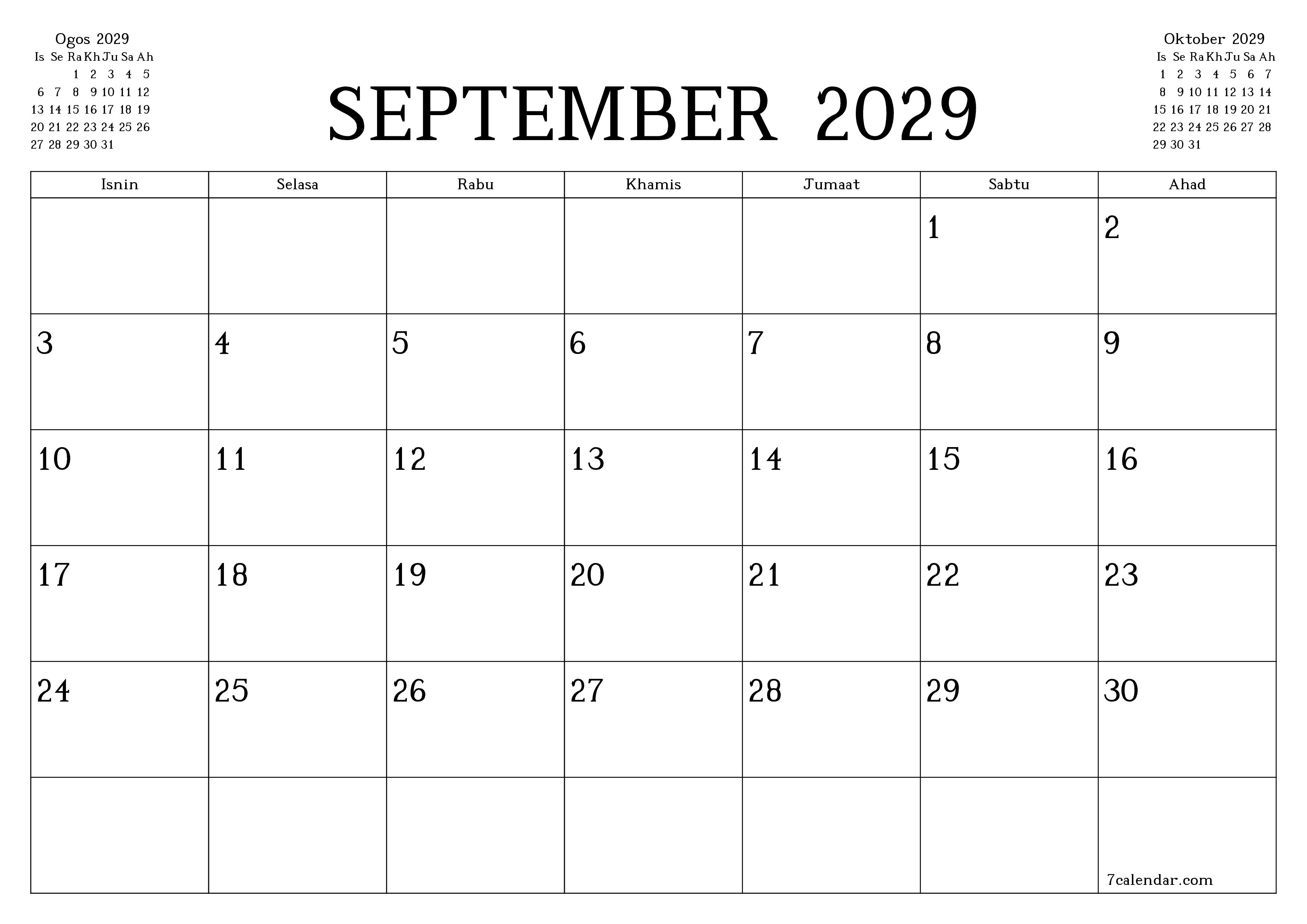Perancang bulanan kosong untuk bulan September 2029 dengan nota, simpan dan cetak ke PDF PNG Malay