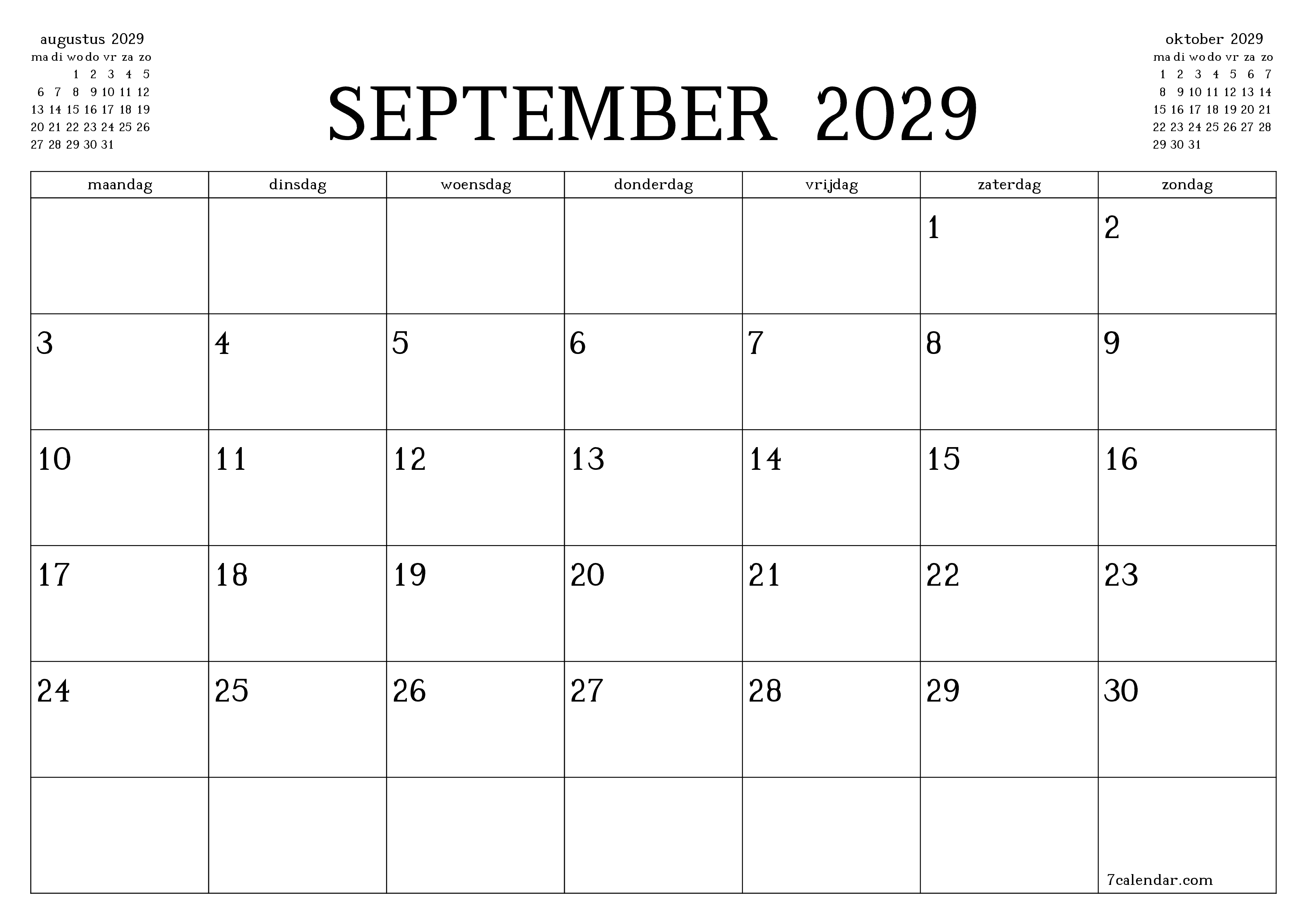 Lege maandplanner voor maand september 2029 met notities, opslaan en afdrukken naar pdf PNG Dutch