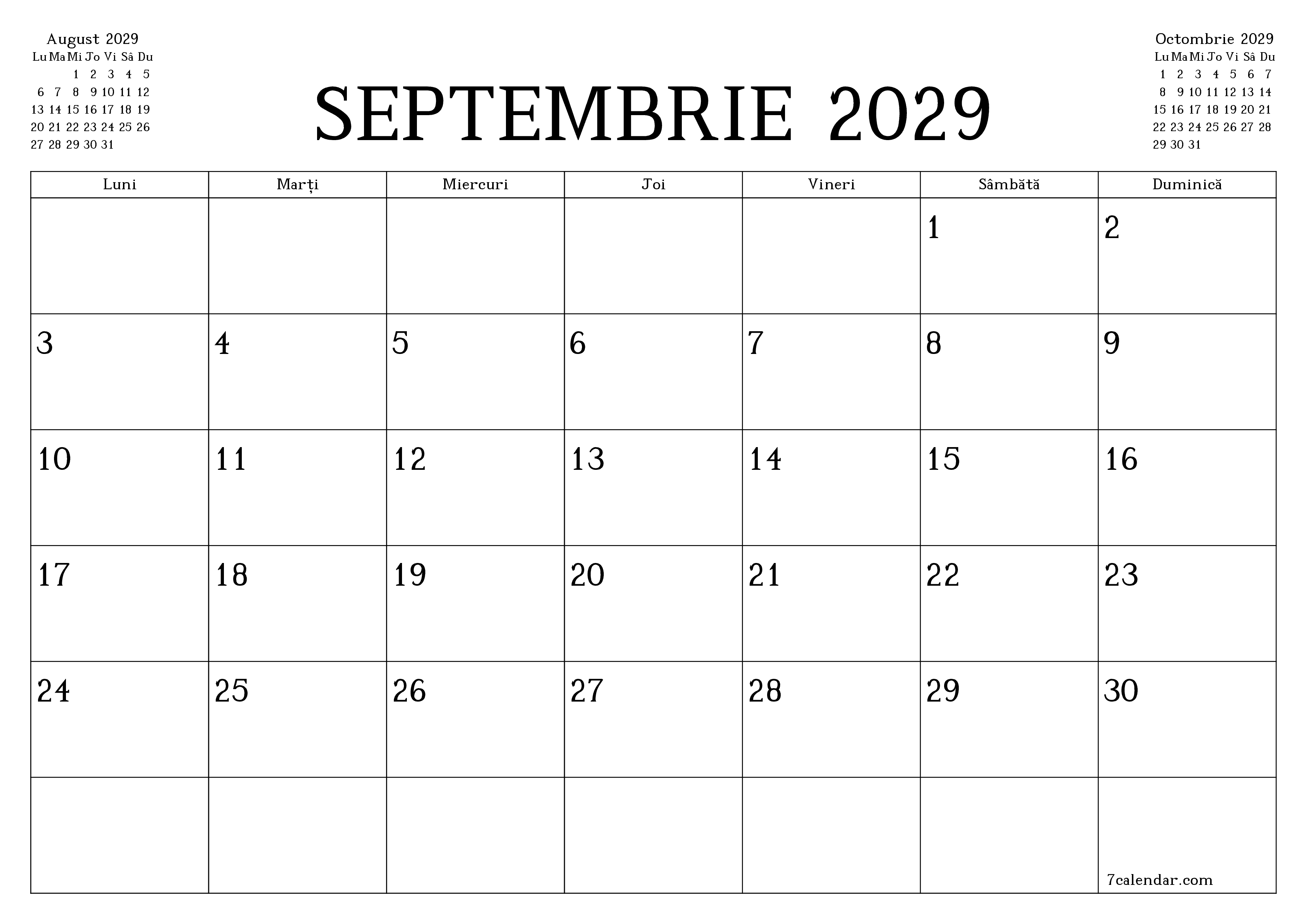 Planificator lunar gol pentru luna Septembrie 2029 cu note, salvați și tipăriți în PDF PNG Romanian