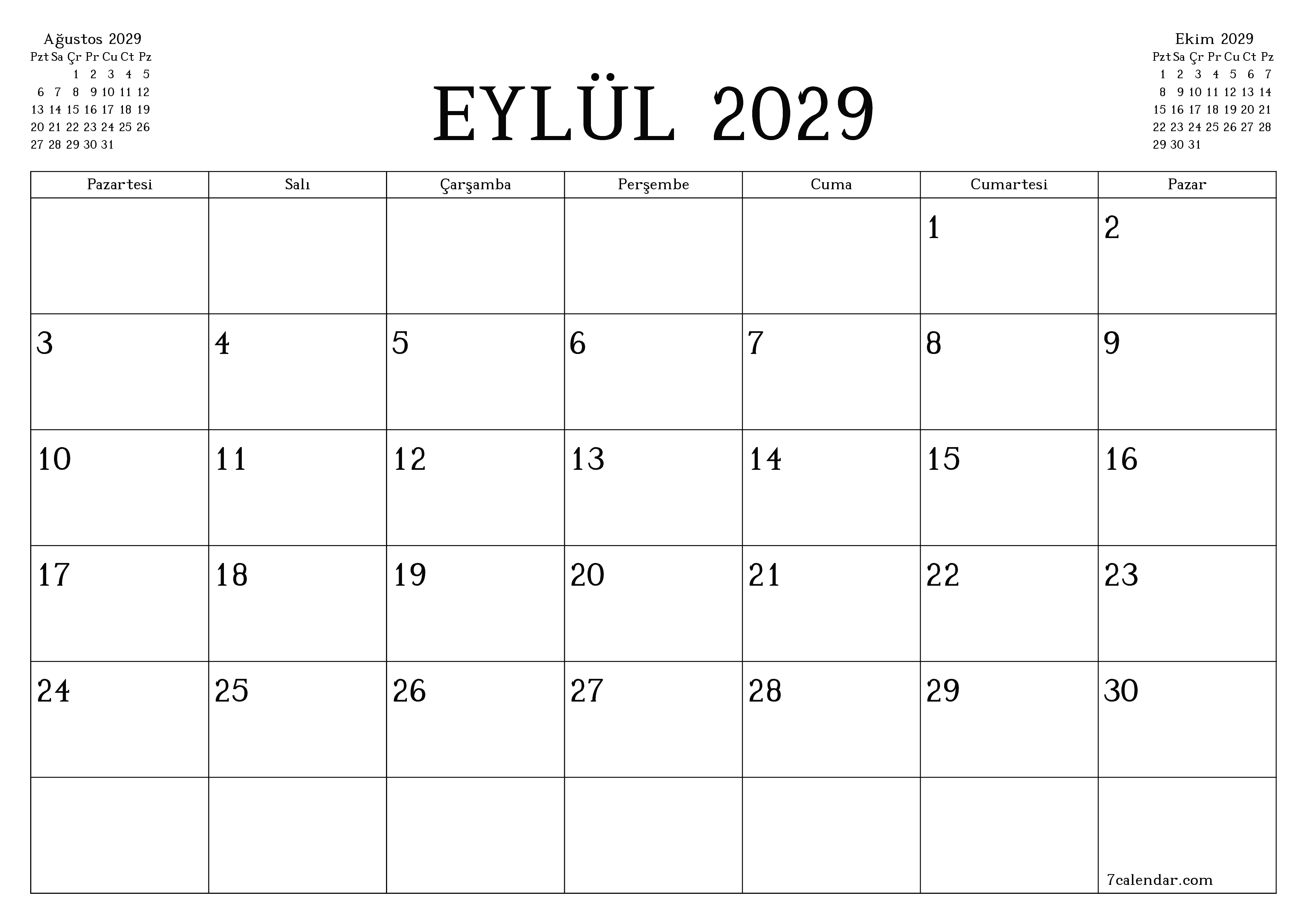 Eylül 2029 ayı için notlarla birlikte boş aylık planlayıcı, kaydedin ve PDF'ye yazdırın PNG Turkish
