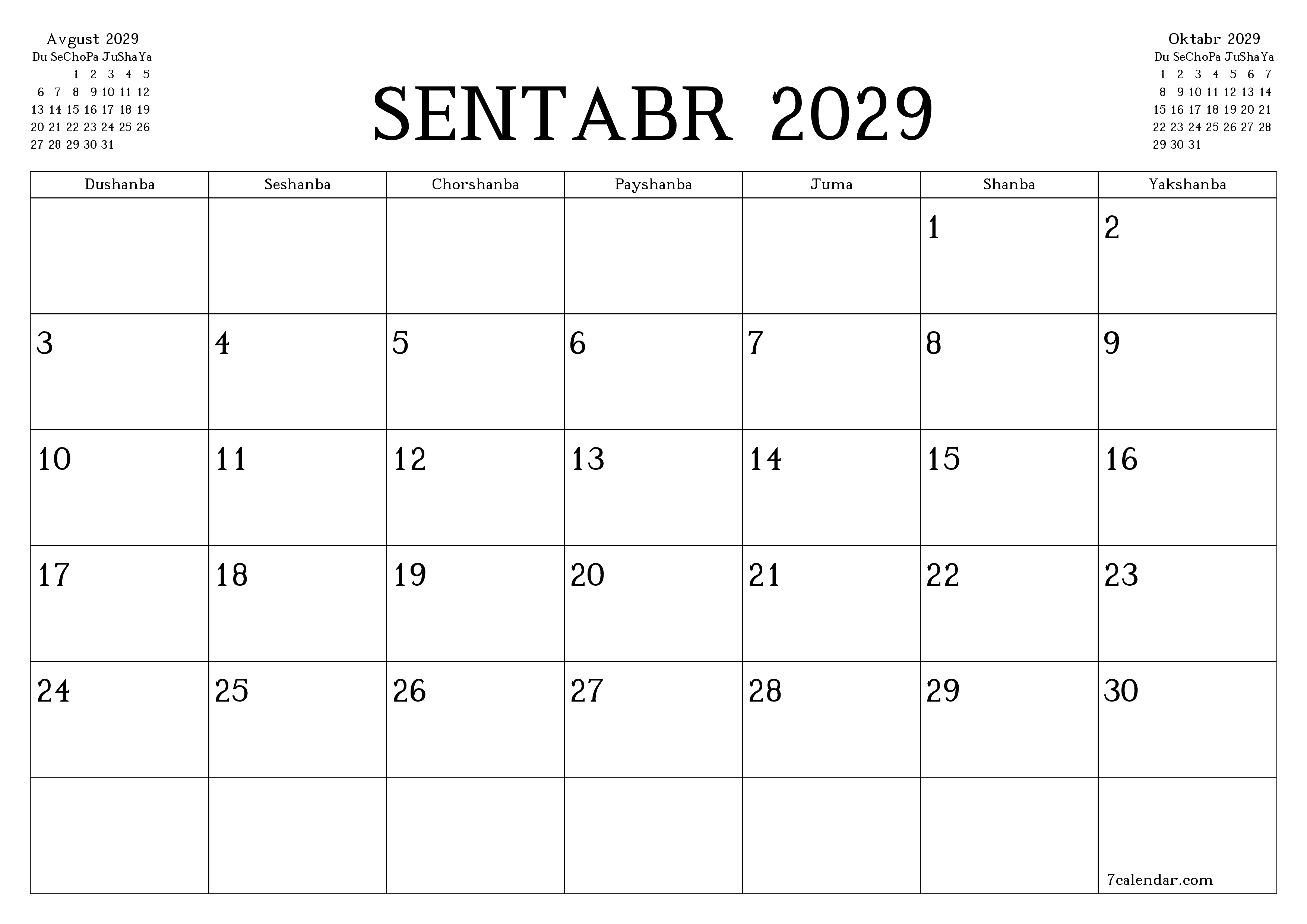 Sentabr 2029 oylik oylik rejalashtiruvchini yozuvlar bilan bo'shatish, saqlash va PDF-ga chop etish PNG Uzbek