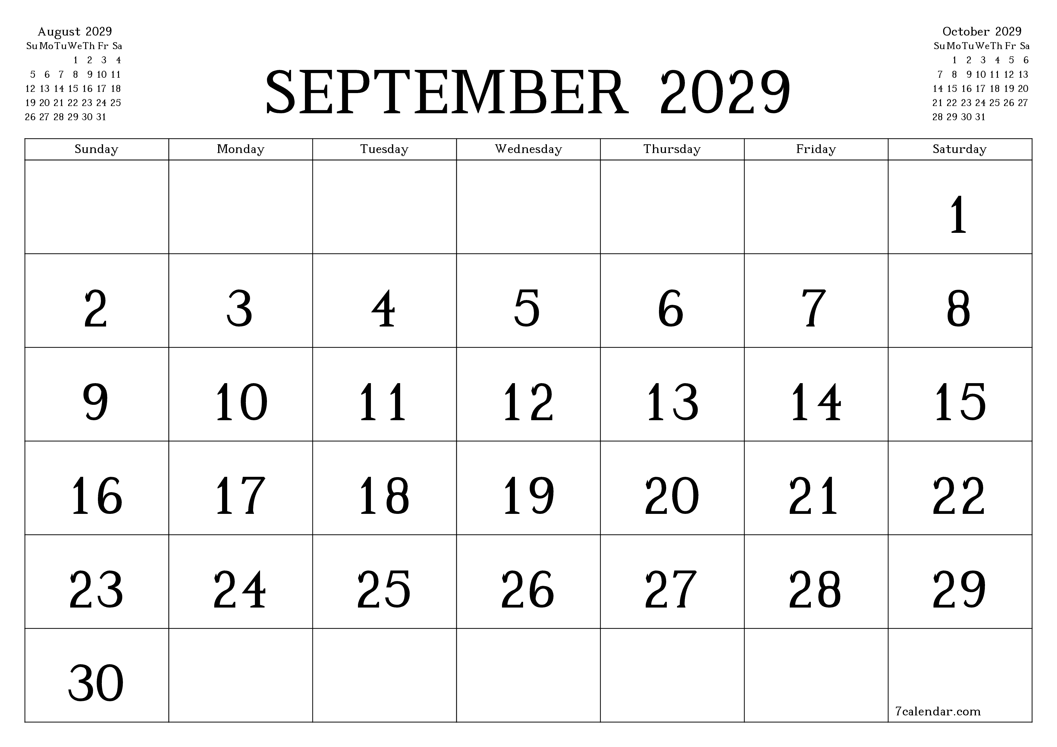 Blank calendar September 2029