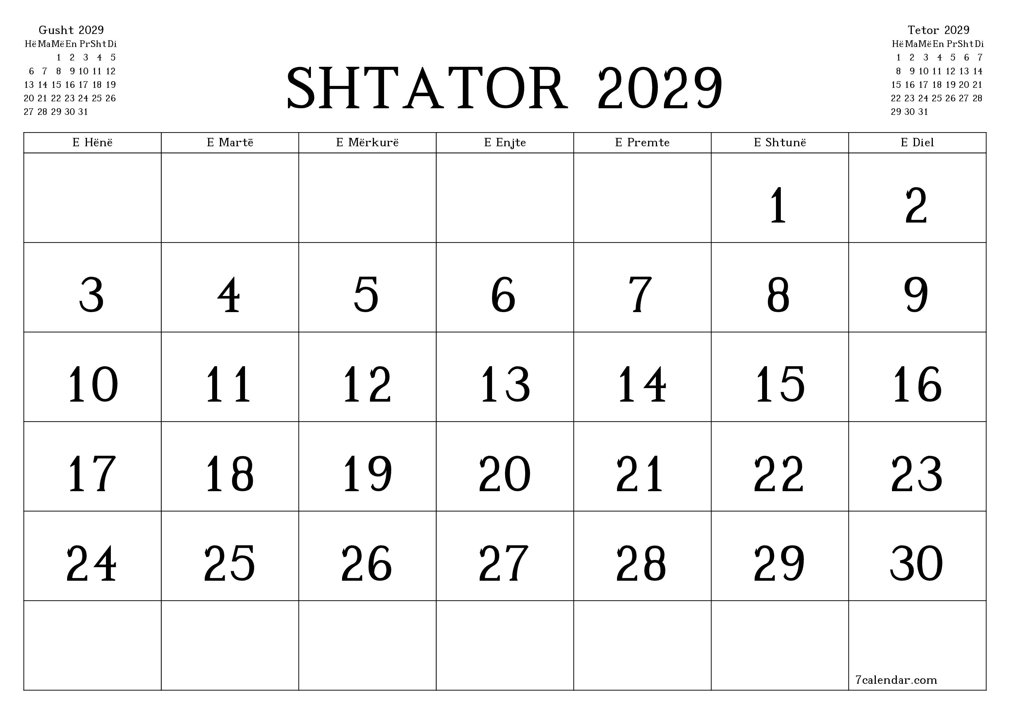 Planifikuesi i zbrazët i kalendarit mujor për muajin Shtator 2029 me shënime të ruajtura dhe të printuara në PDF PNG Albanian