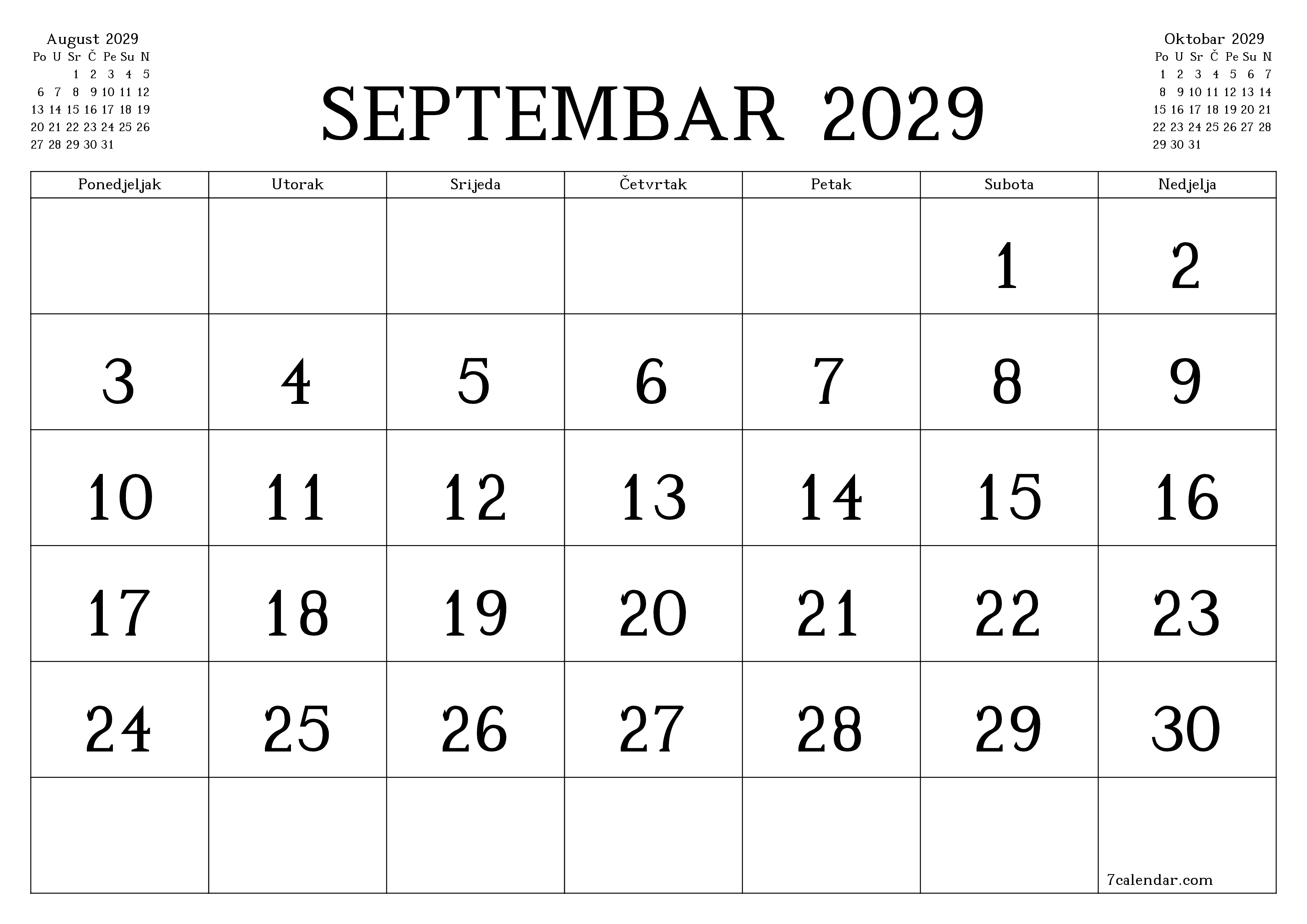 Ispraznite mjesečni planer za mjesec Septembar 2029 s bilješkama, spremite i ispišite u PDF PNG Bosnian