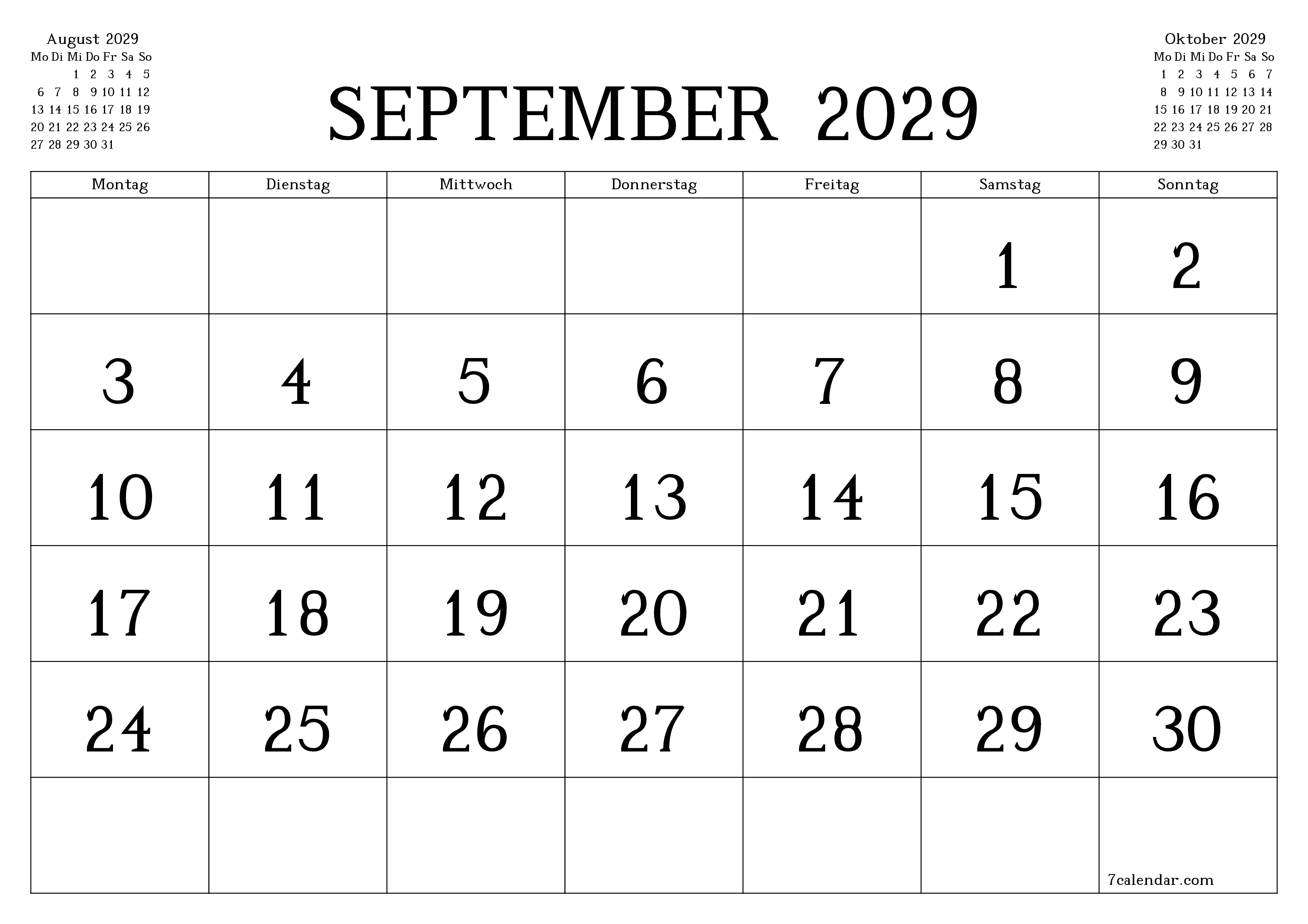 Monatsplaner für Monat September 2029 mit Notizen leeren, speichern und als PDF PNG German - 7calendar.com drucken