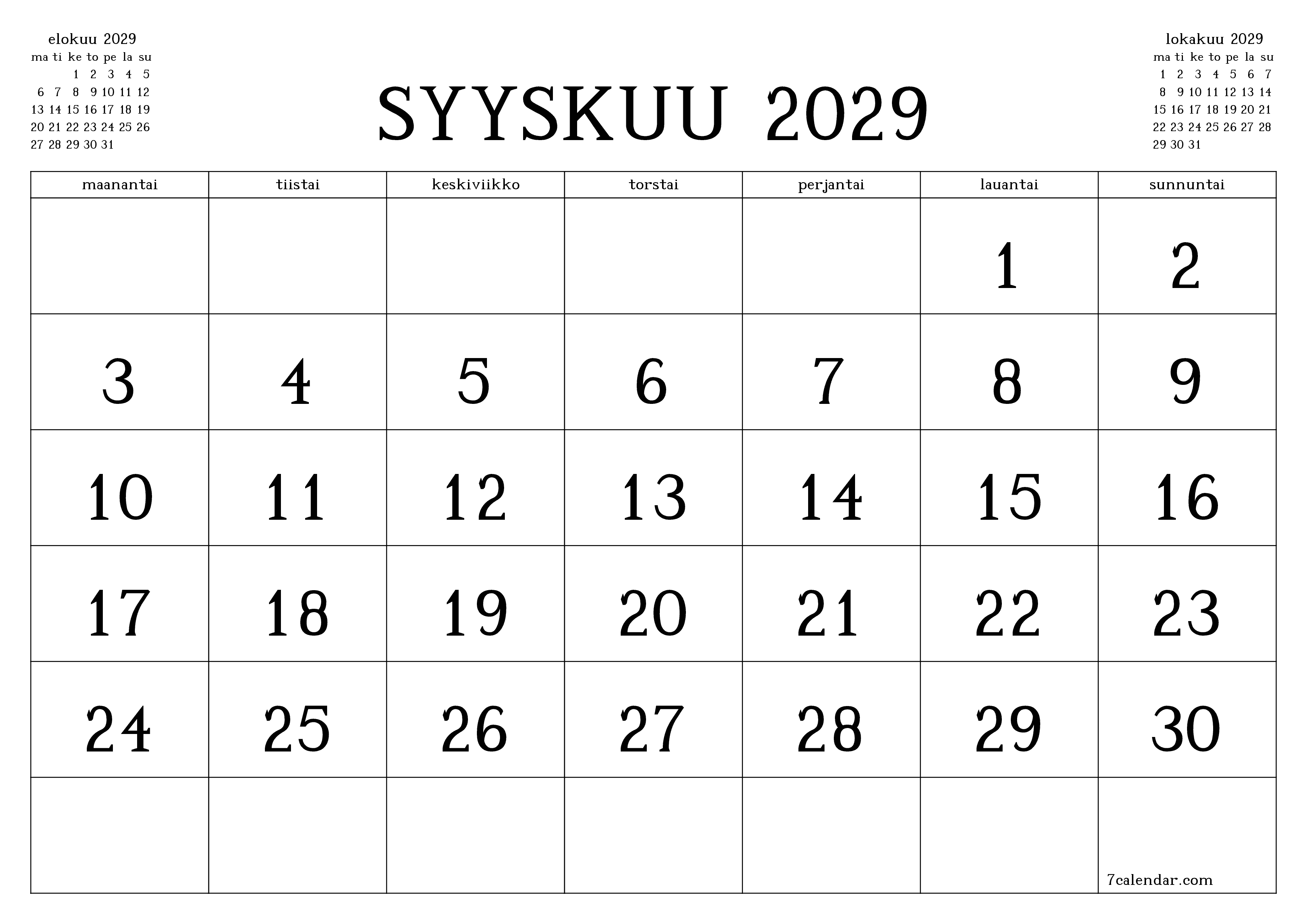 Tyhjennä kuukausittainen suunnittelija kuukaudelle Syyskuu 2029 muistiinpanoilla, tallenna ja tulosta PDF-muotoon PNG Finnish