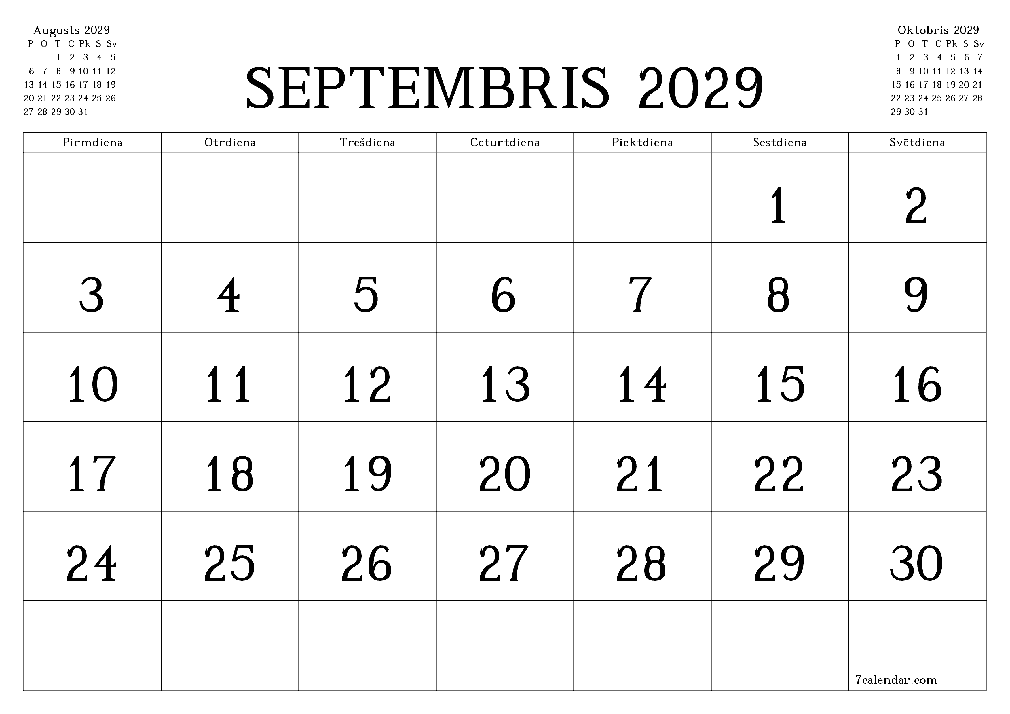 Iztukšot mēneša plānotāju mēnesim Septembris 2029 ar piezīmēm, saglabāt un izdrukāt PDF formātā PNG Latvian