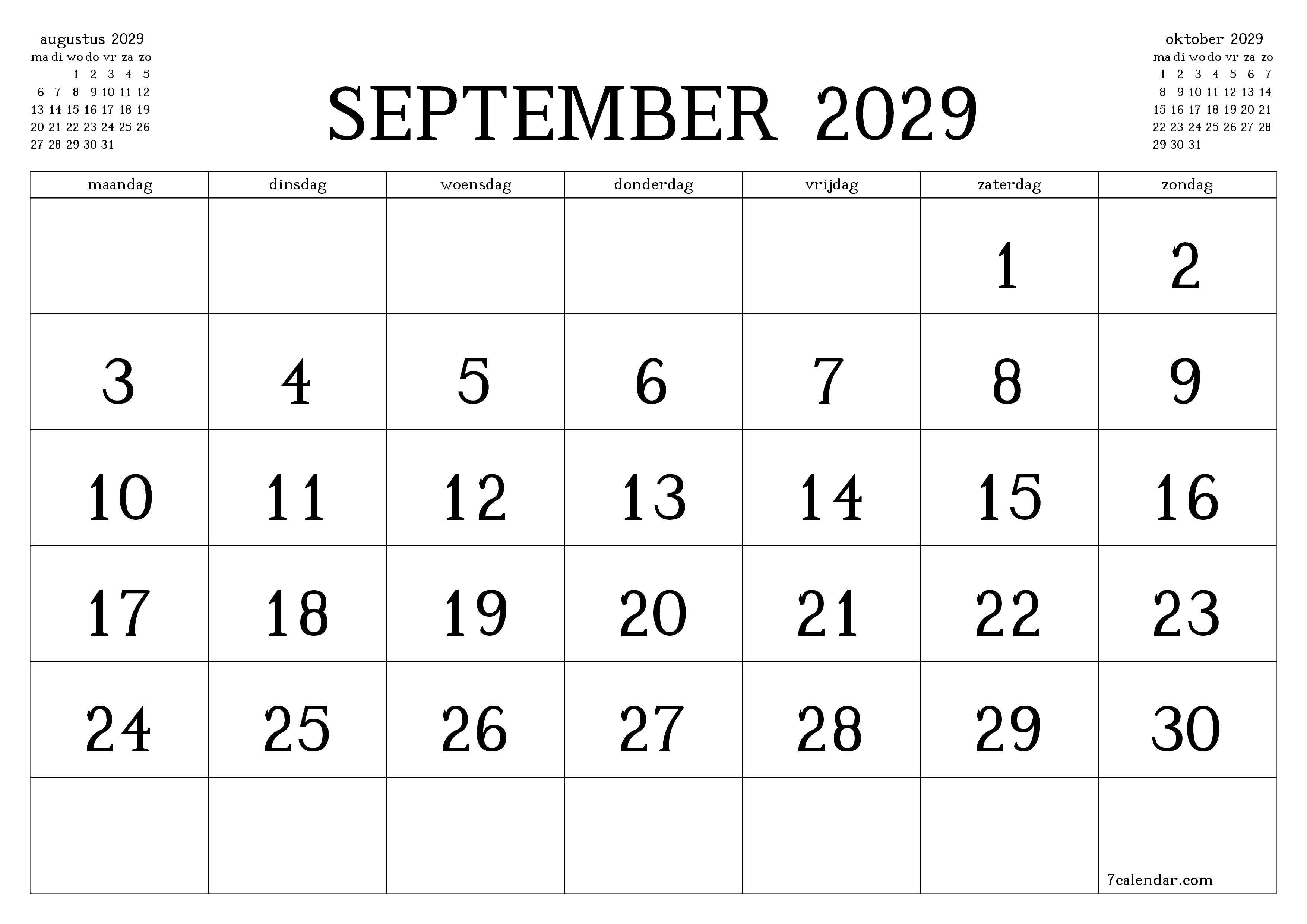 Lege maandplanner voor maand september 2029 met notities, opslaan en afdrukken naar pdf PNG Dutch
