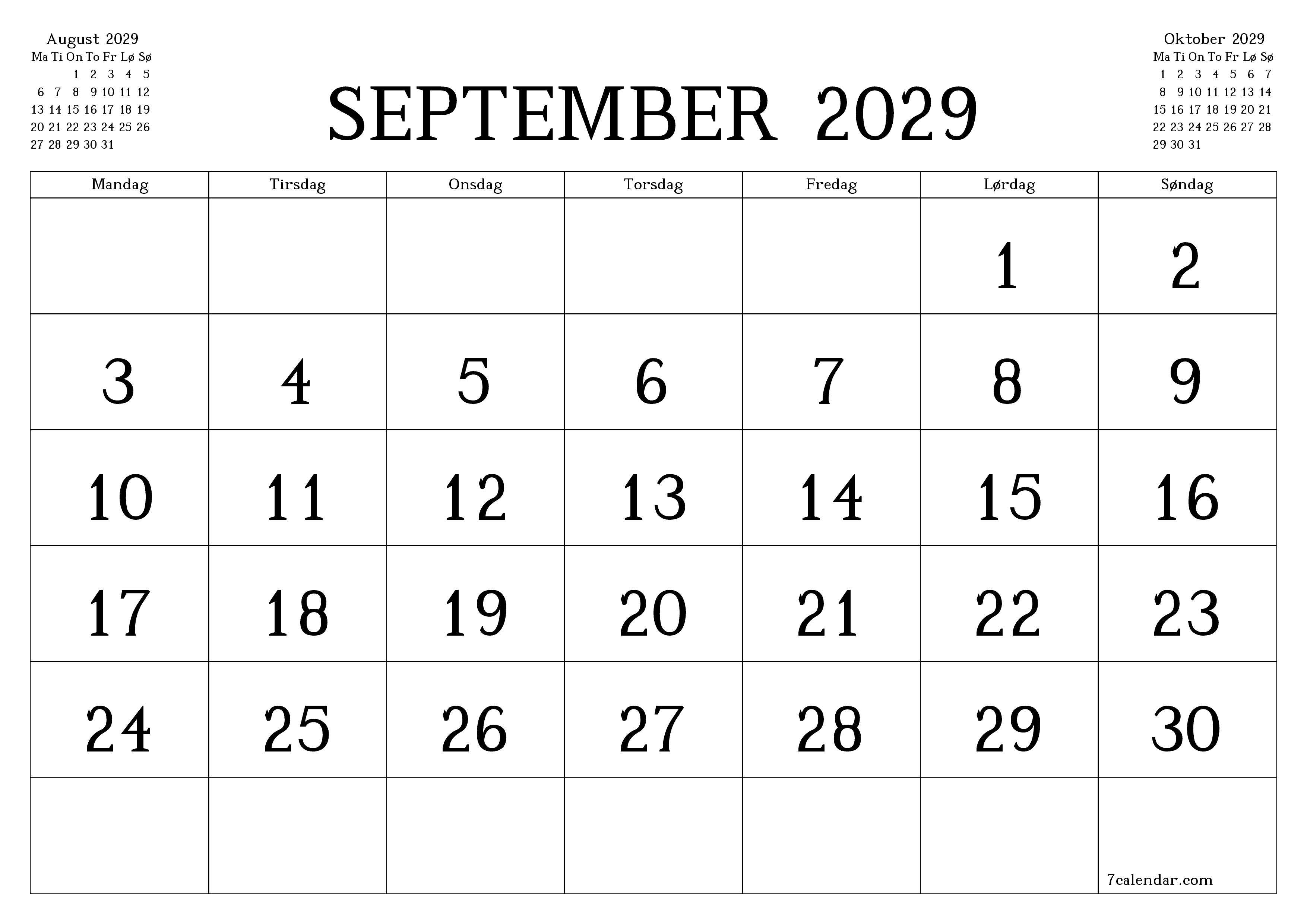 Tom månedlig planlegger for måned September 2029 med notater, lagre og skriv ut til PDF PNG Norwegian