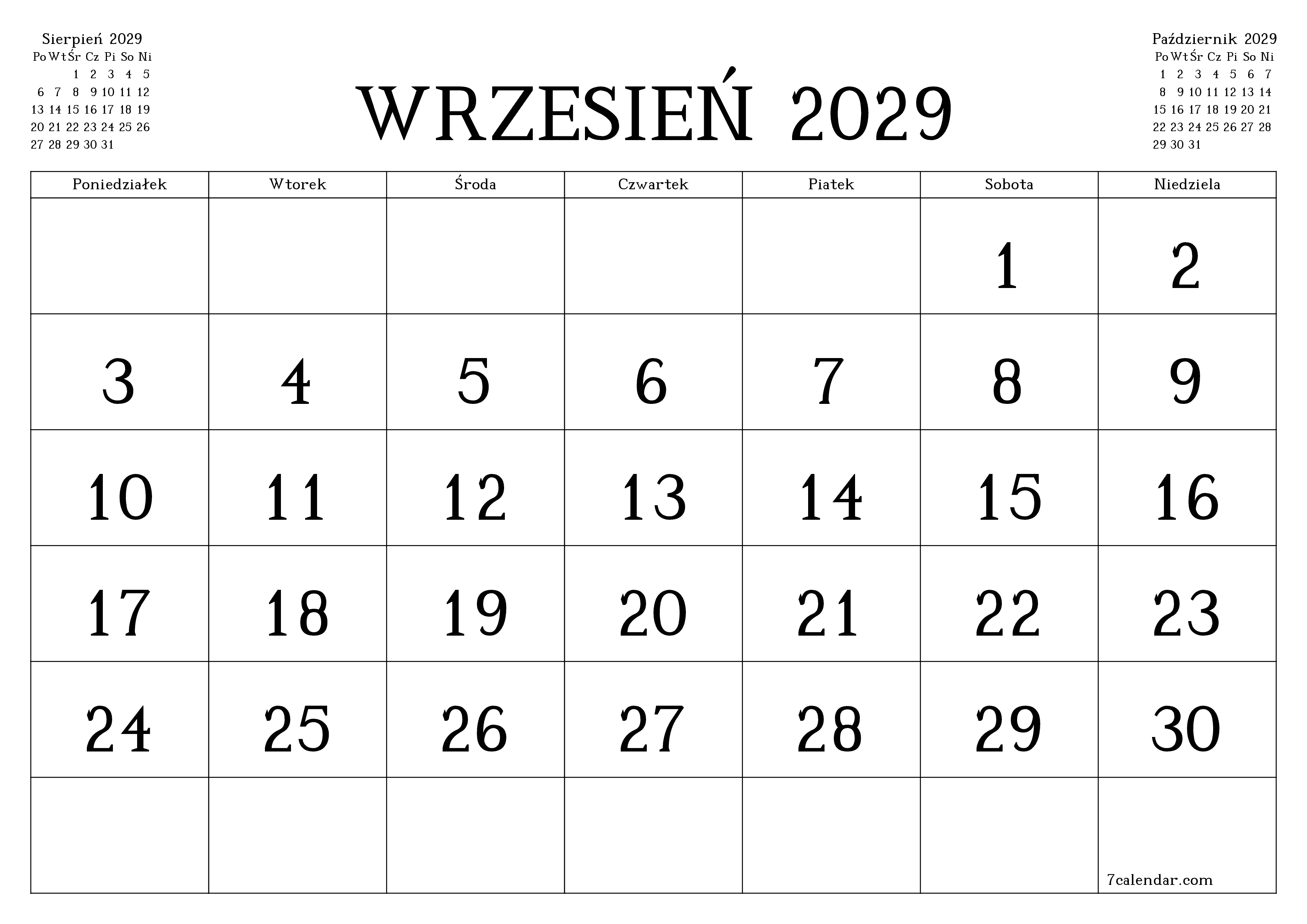Opróżnij miesięczny planer na miesiąc Wrzesień 2029 z notatkami, zapisz i wydrukuj w formacie PDF PNG Polish