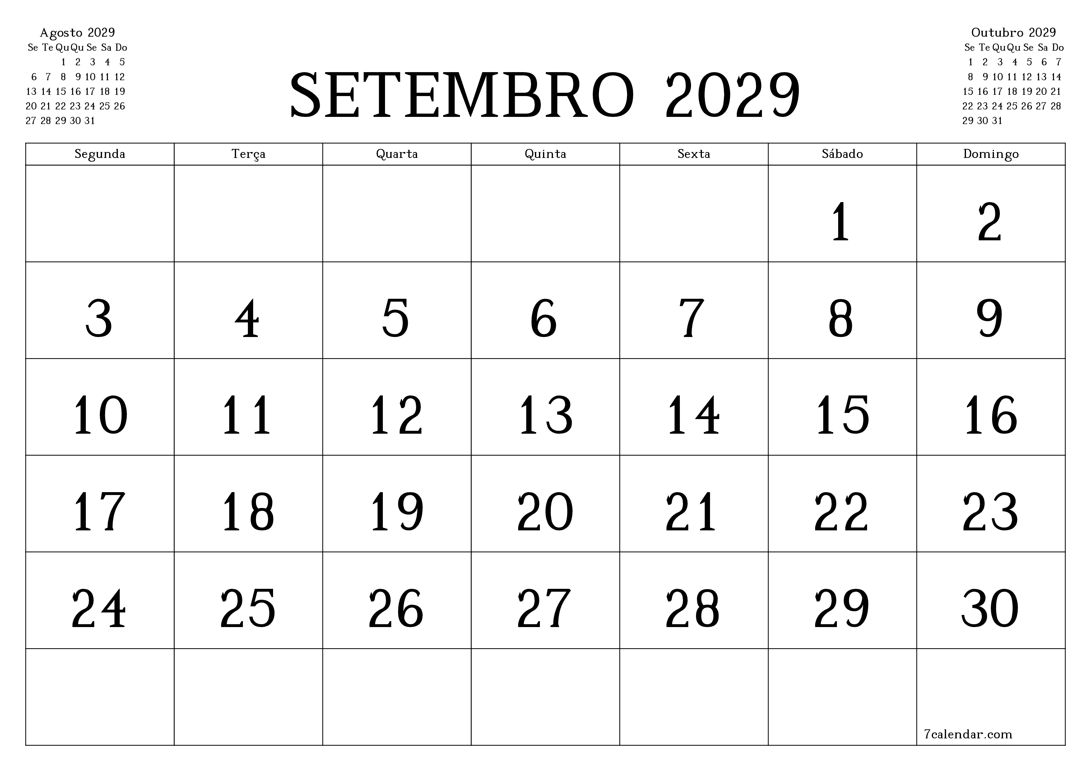 Esvazie o planejador mensal para o mês Setembro 2029 com notas, salve e imprima em PDF PNG Portuguese