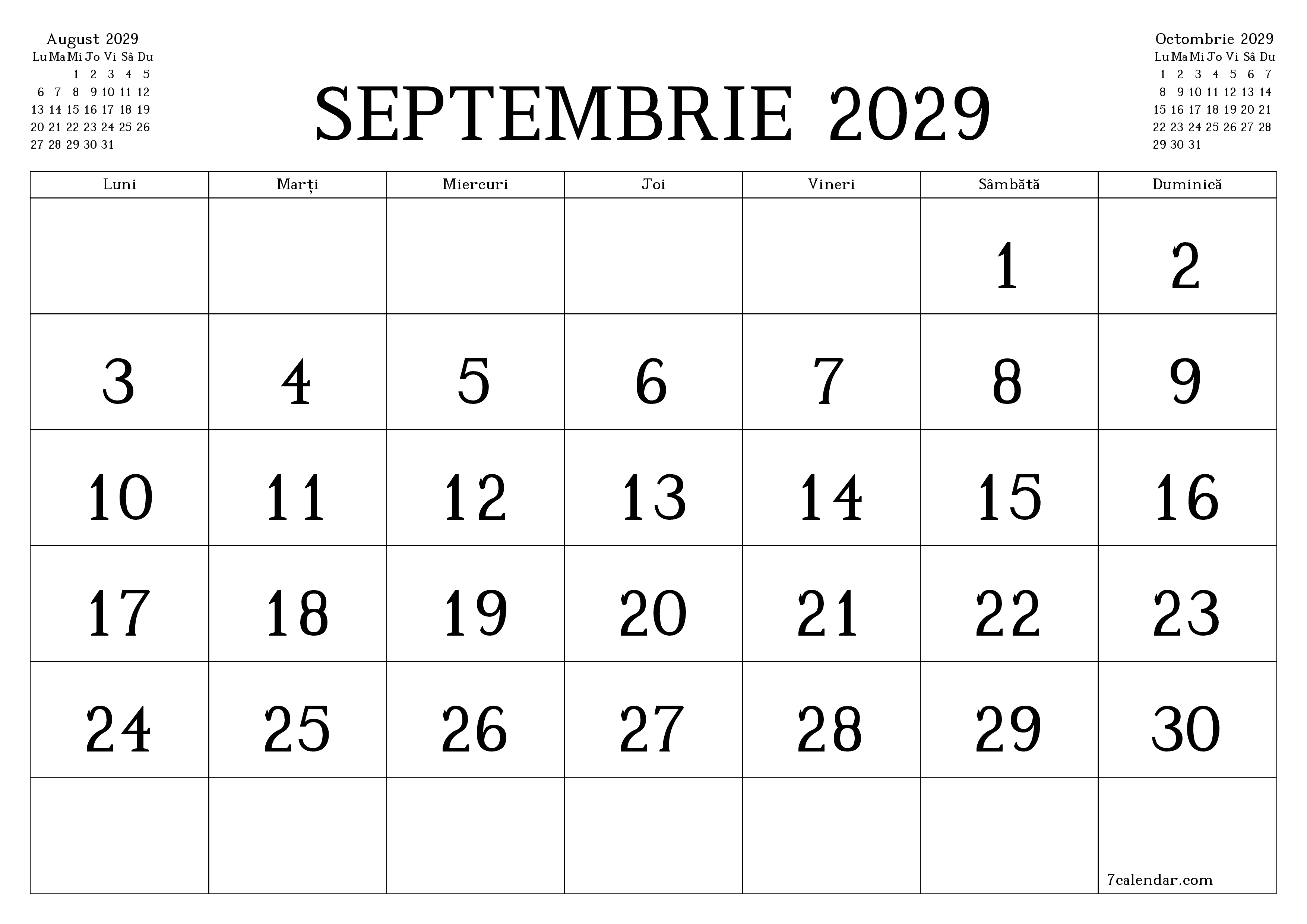 Planificator lunar gol pentru luna Septembrie 2029 cu note, salvați și tipăriți în PDF PNG Romanian