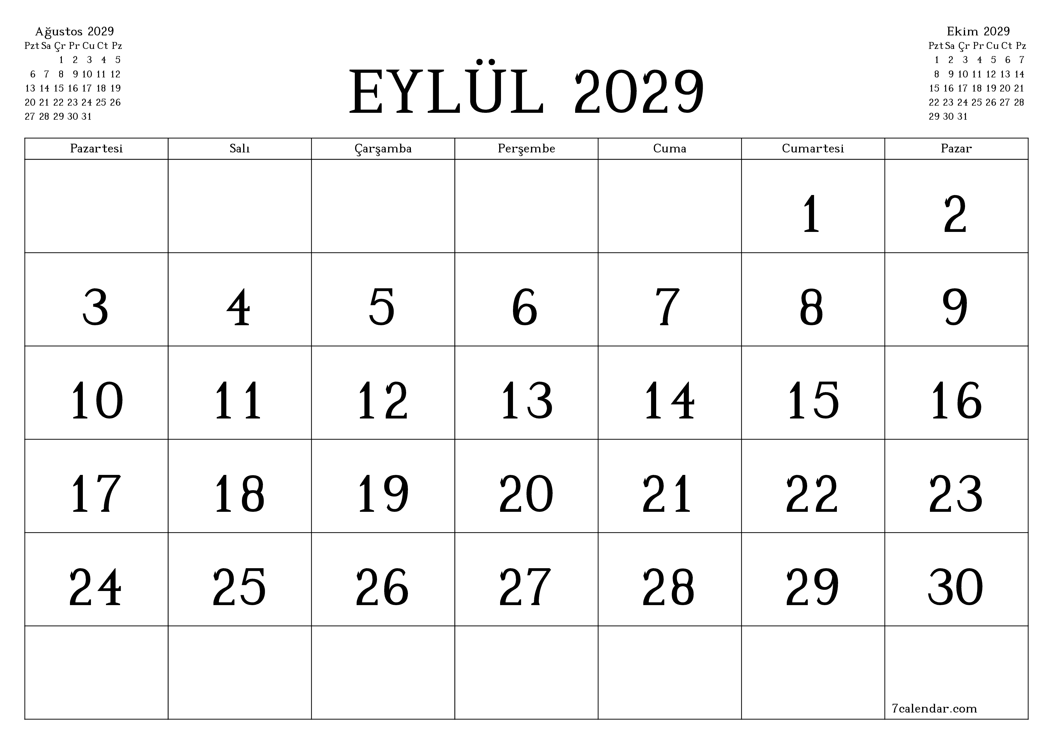 Eylül 2029 ayı için notlarla birlikte boş aylık planlayıcı, kaydedin ve PDF'ye yazdırın PNG Turkish