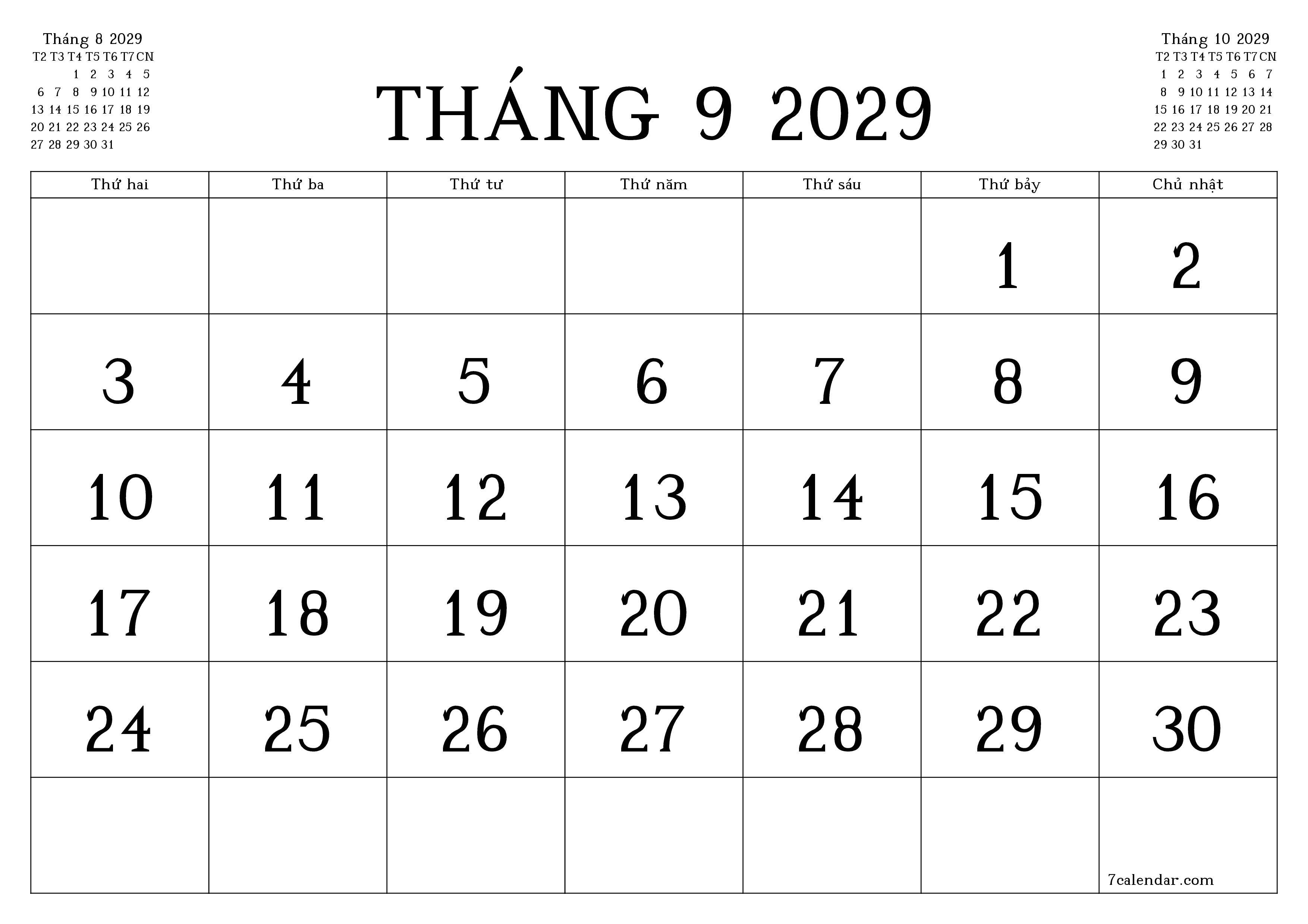 Công cụ lập kế hoạch hàng tháng trống cho tháng Tháng 9 2029 có ghi chú, lưu và in sang PDF PNG Vietnamese
