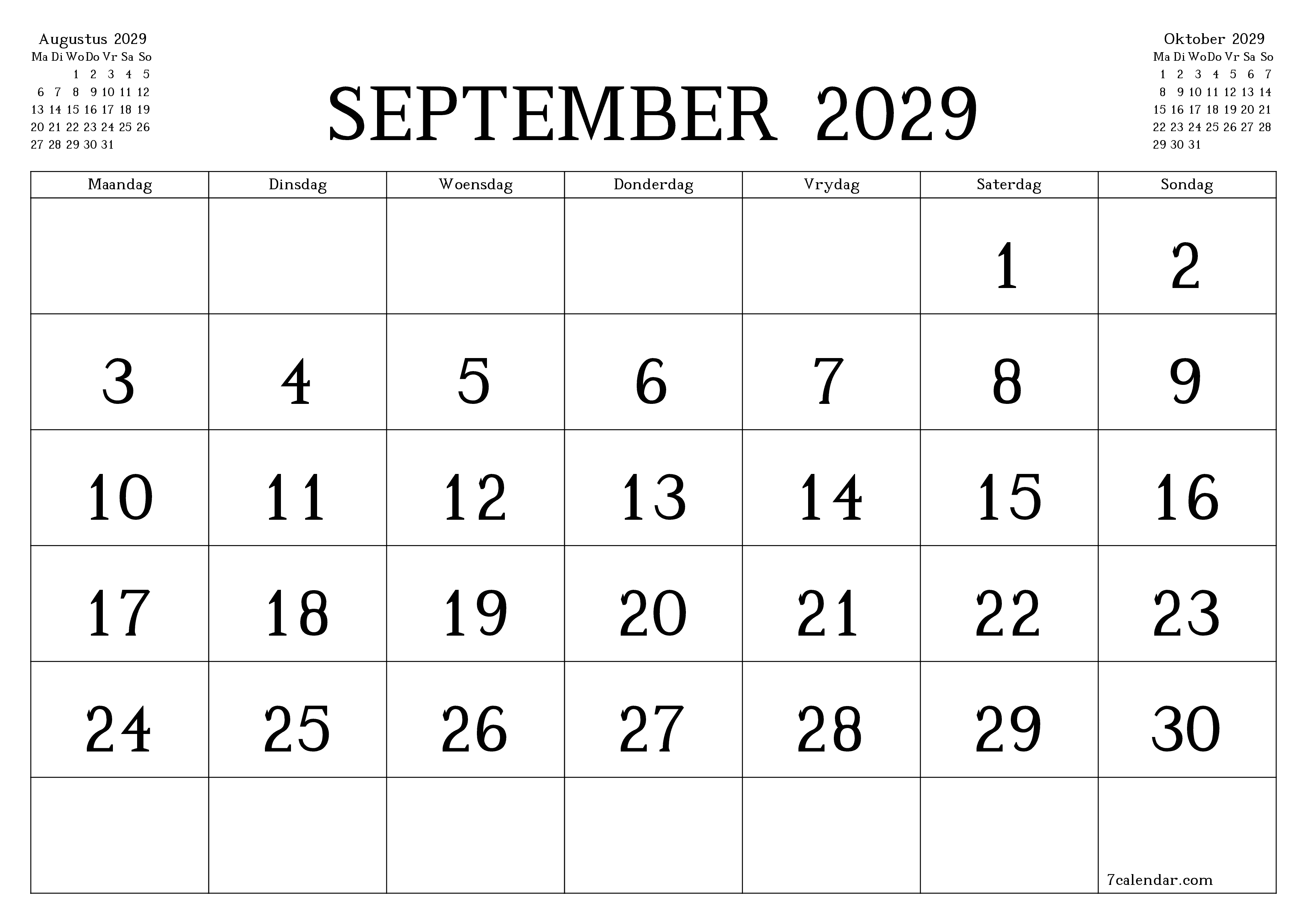 Leë maandelikse drukbare kalender en beplanner vir maand September 2029 met notas stoor en druk na PDF PNG Afrikaans